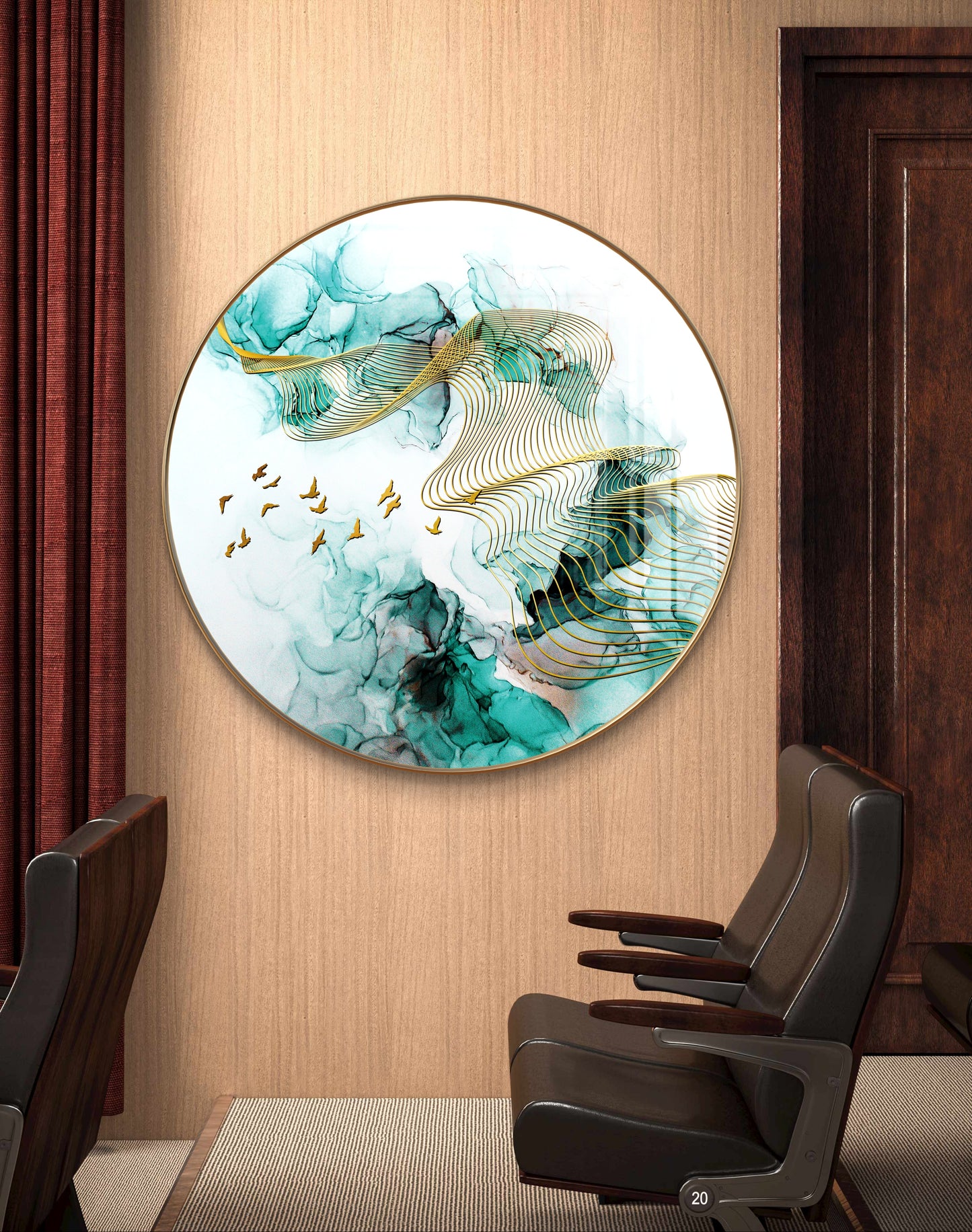 Round golden birds flying in green waves crystal resin