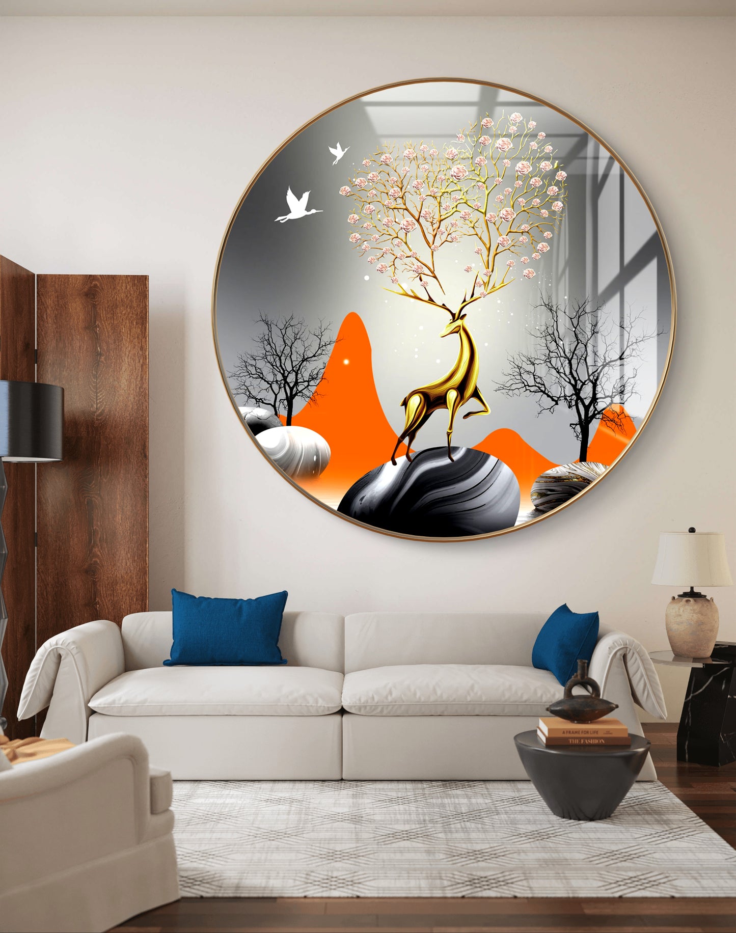 Round 3D gold deer with white birds crystal resin