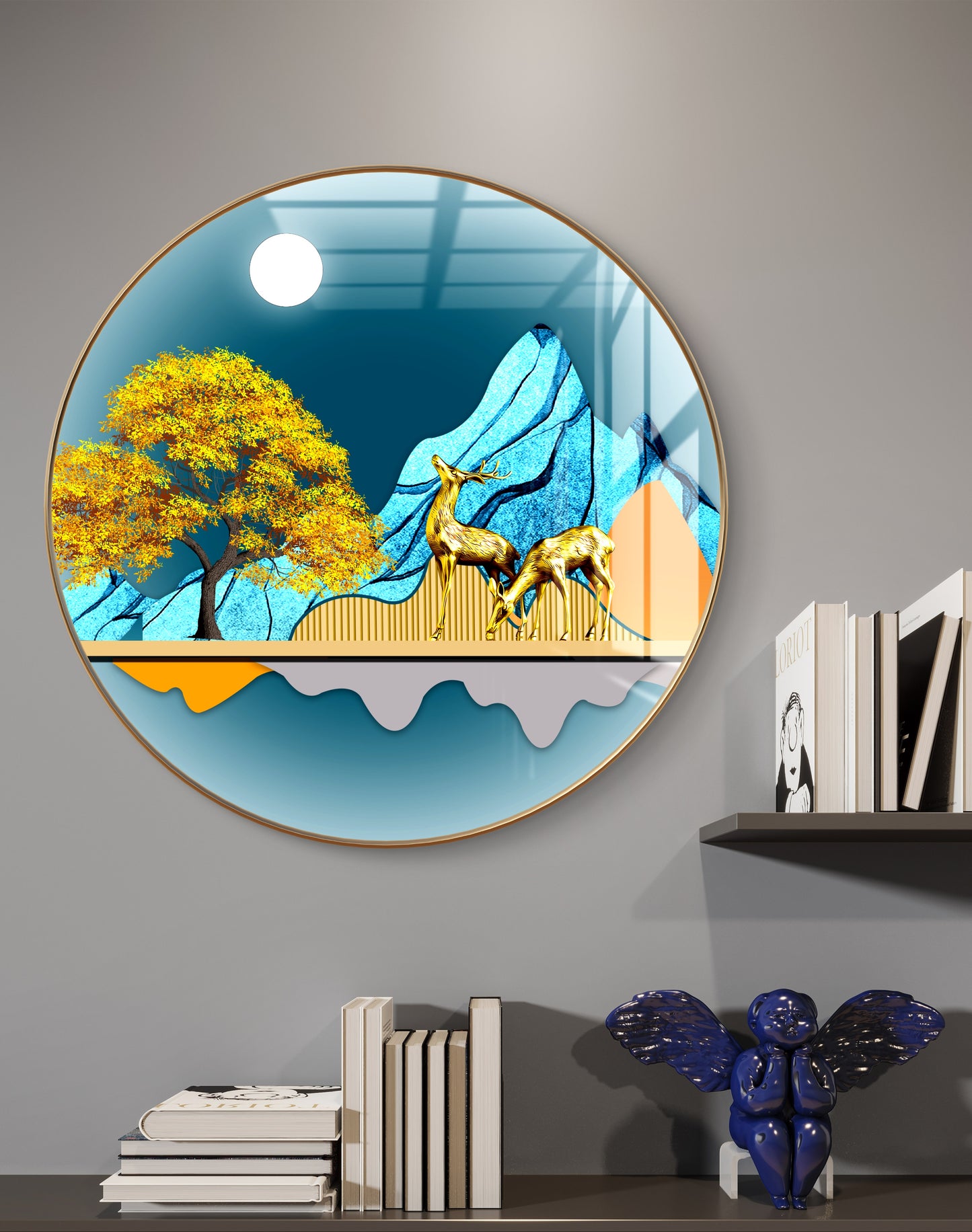 Round two gold deer with moon and mountains in blue background crystal resin