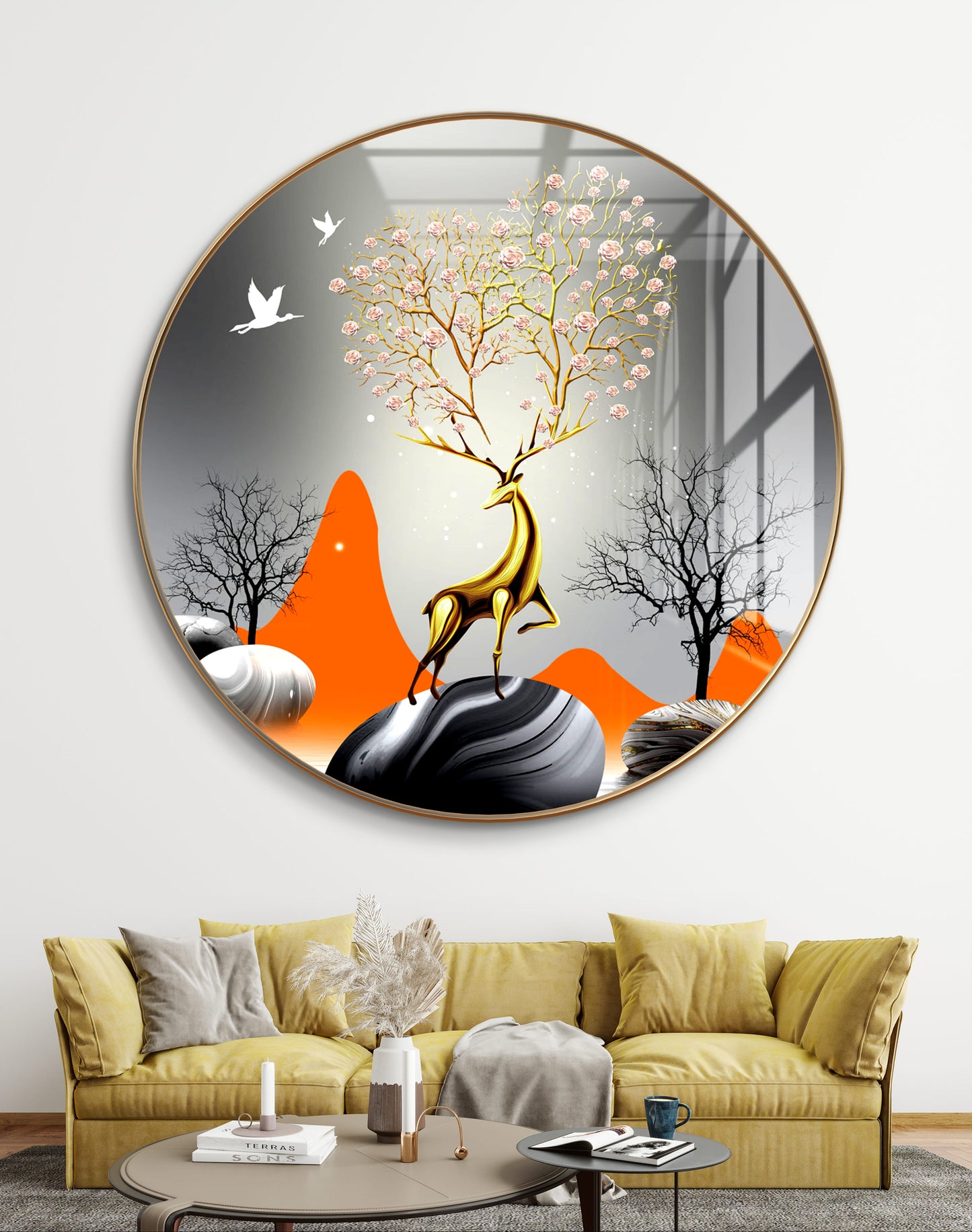 Round 3D gold deer with white birds crystal resin