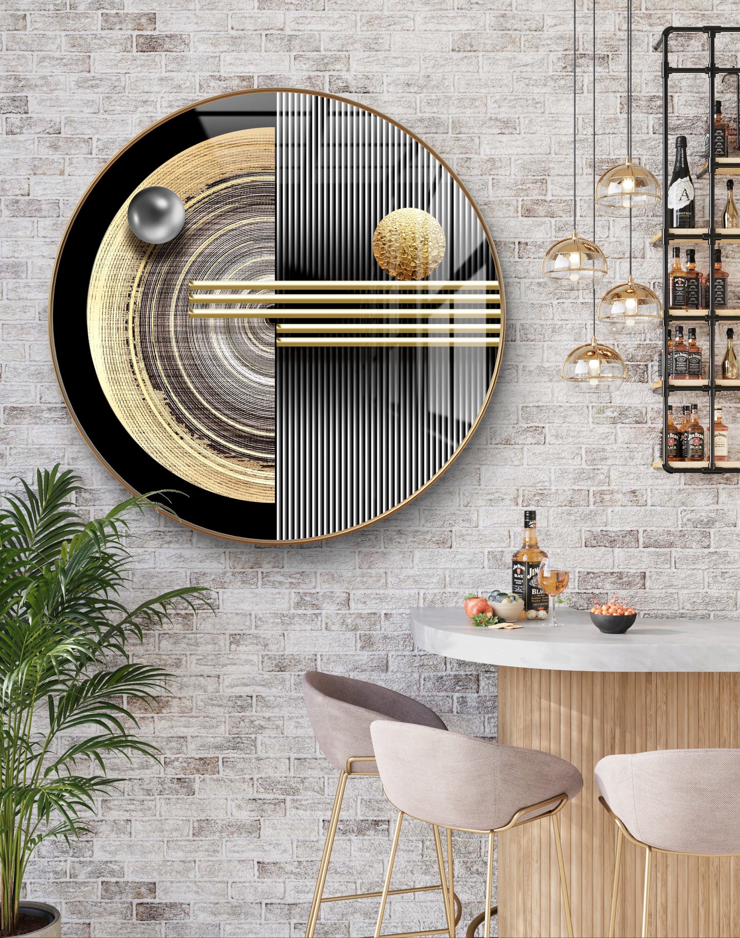 Round gold & grey geometric art crystal resin