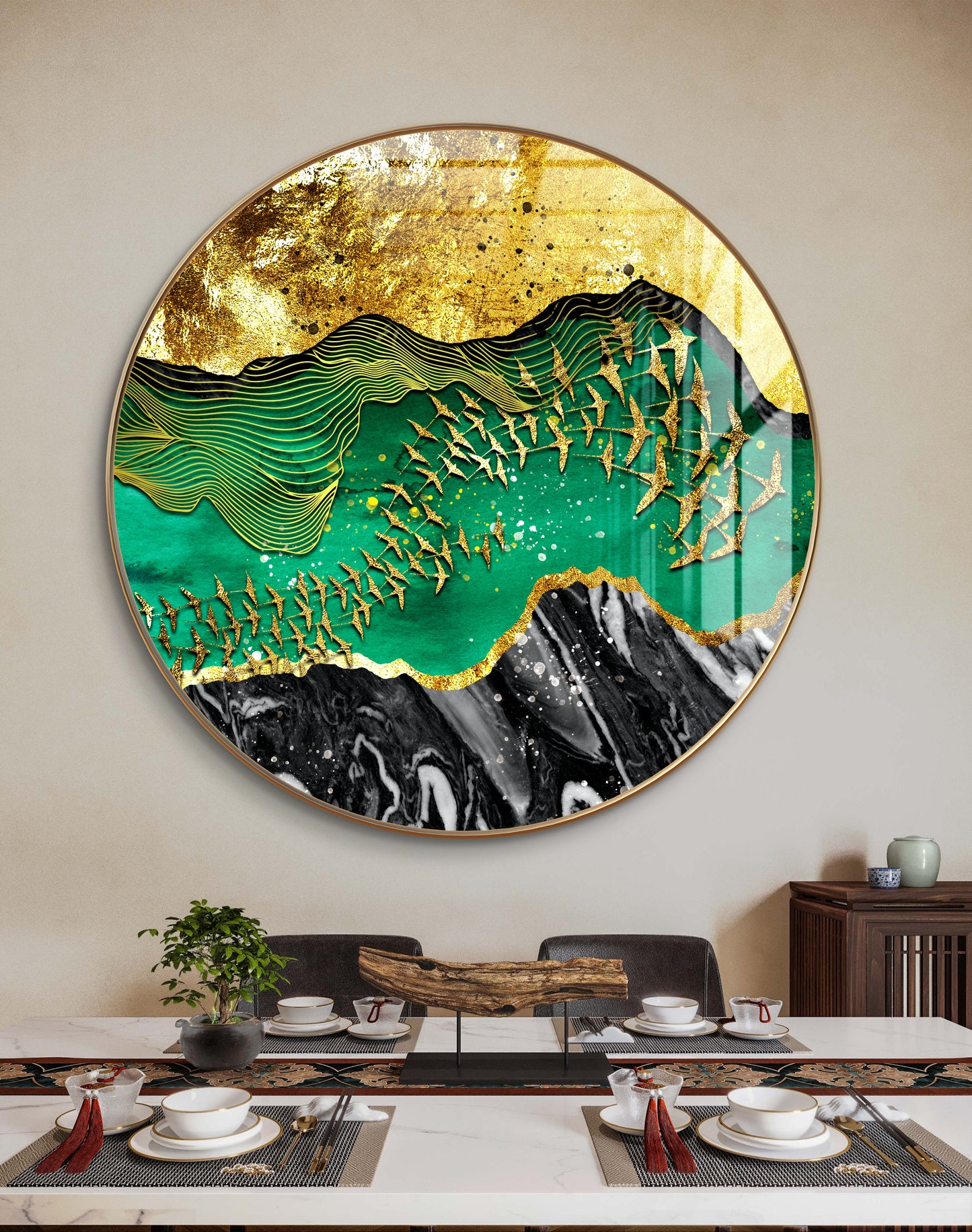 Round golden birds in three layered textured background