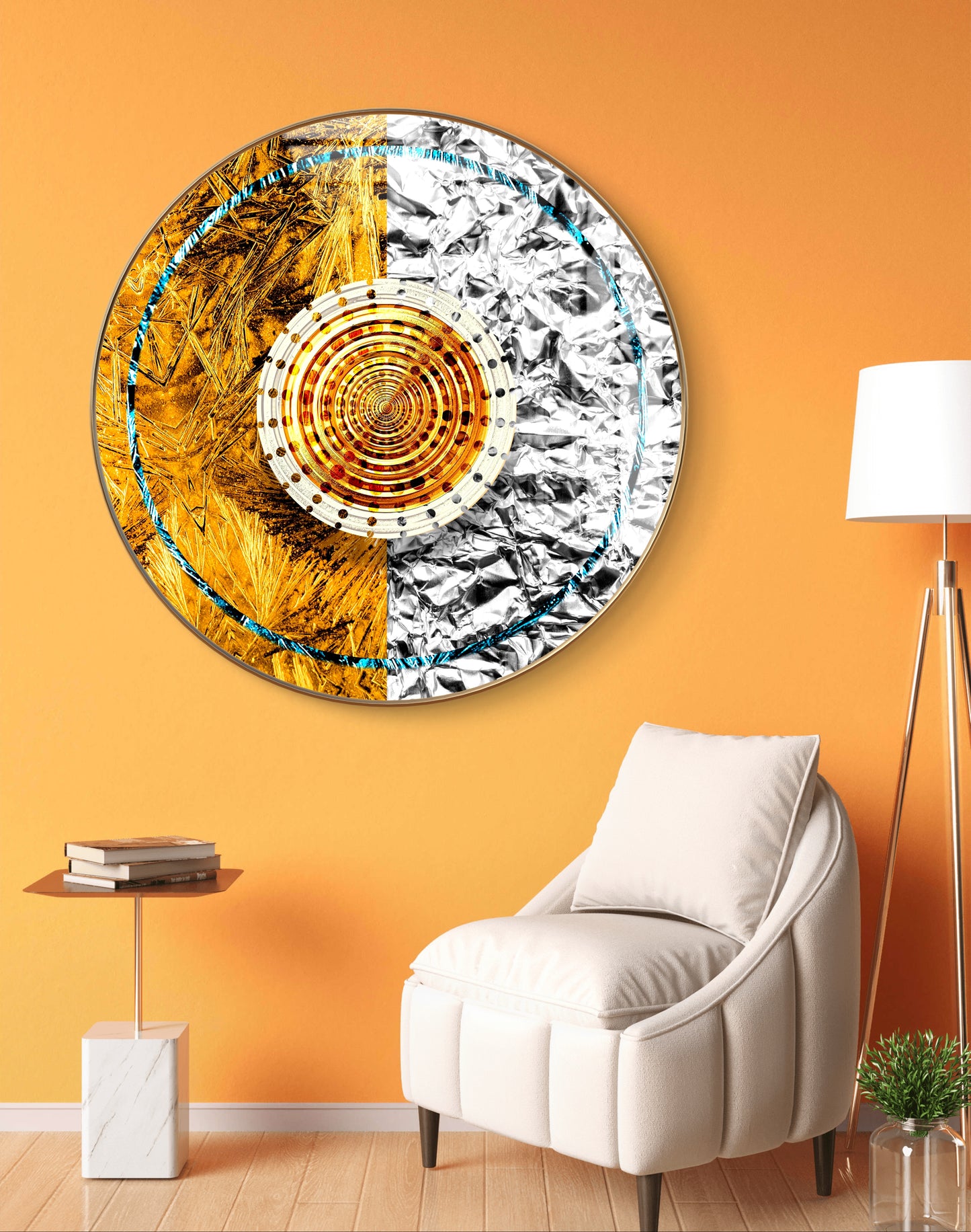 Round golden & white paper abstract art crystal resin