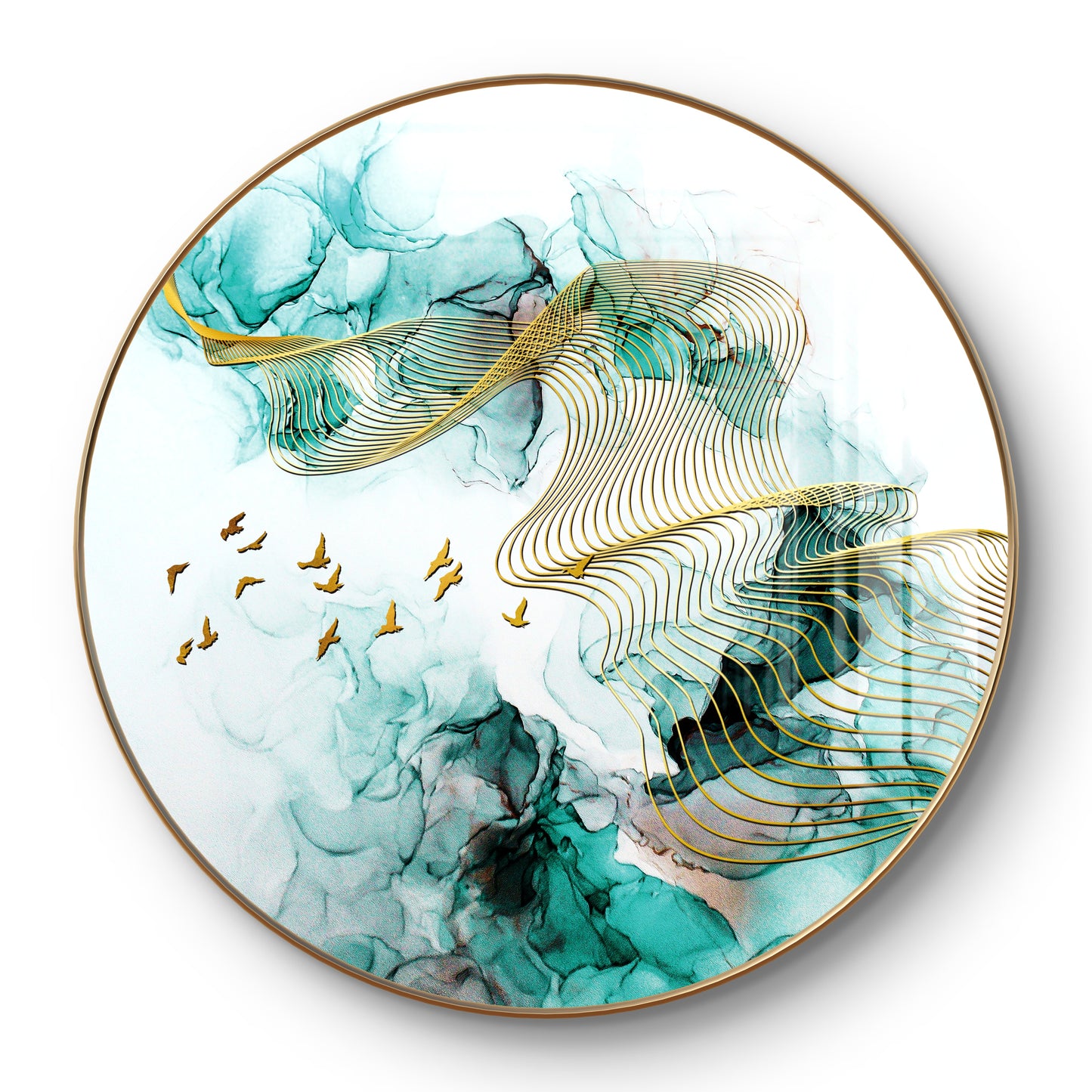 Round golden birds flying in green waves crystal resin