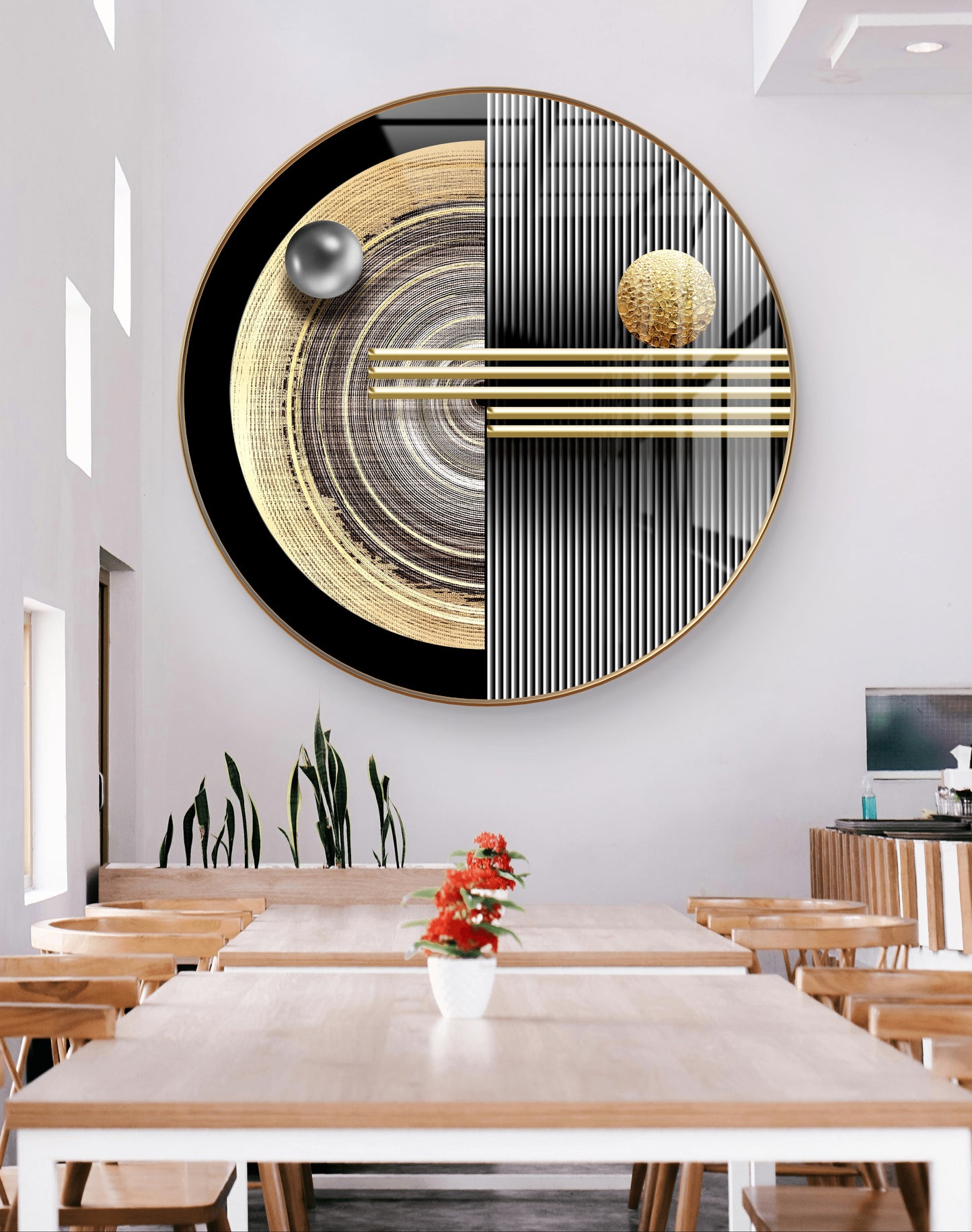 Round gold & grey geometric art crystal resin