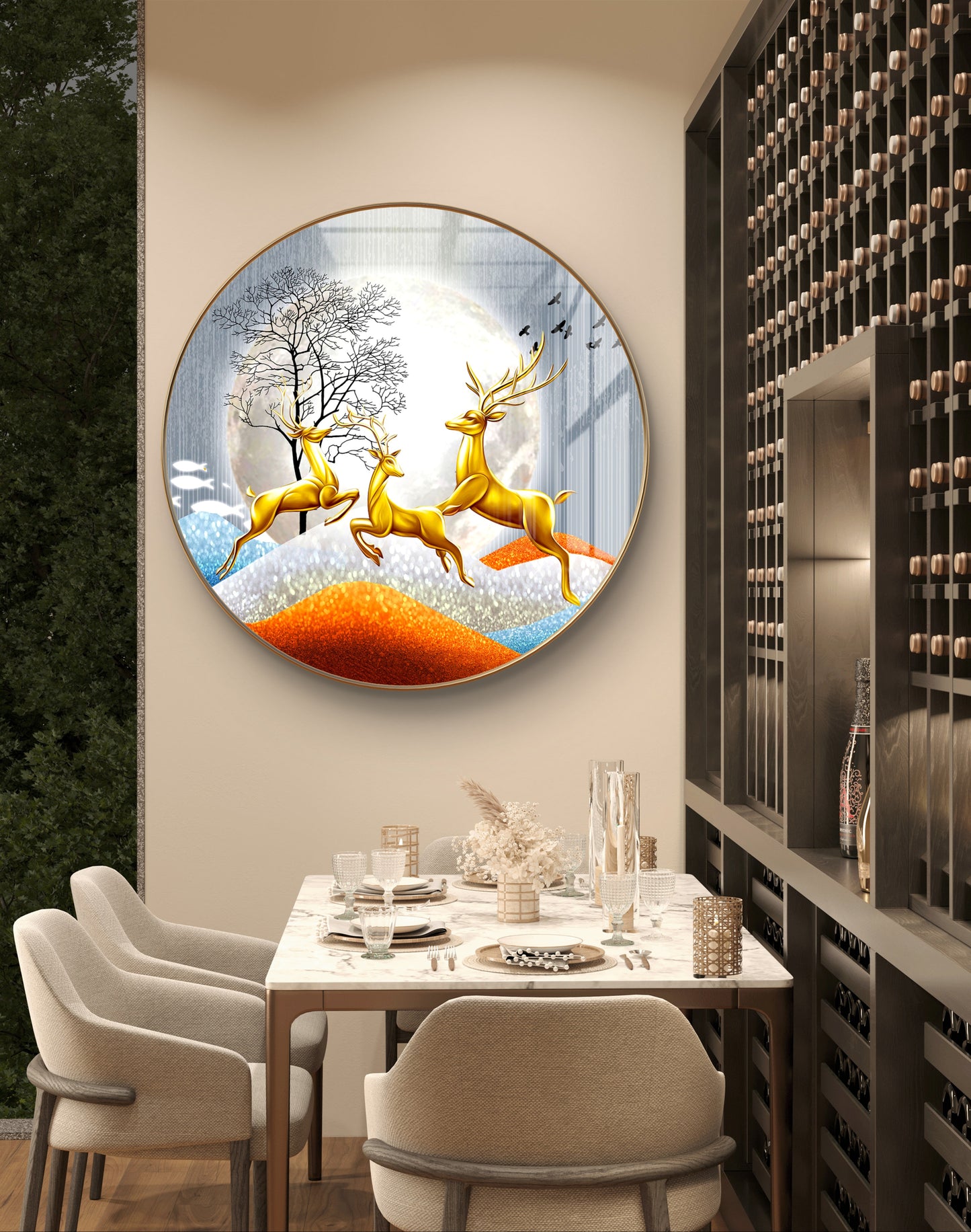 Round three 3D deer jumping to the sky crystal resin