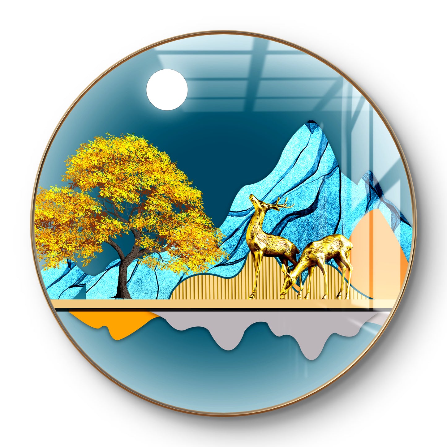 Round two gold deer with moon and mountains in blue background crystal resin