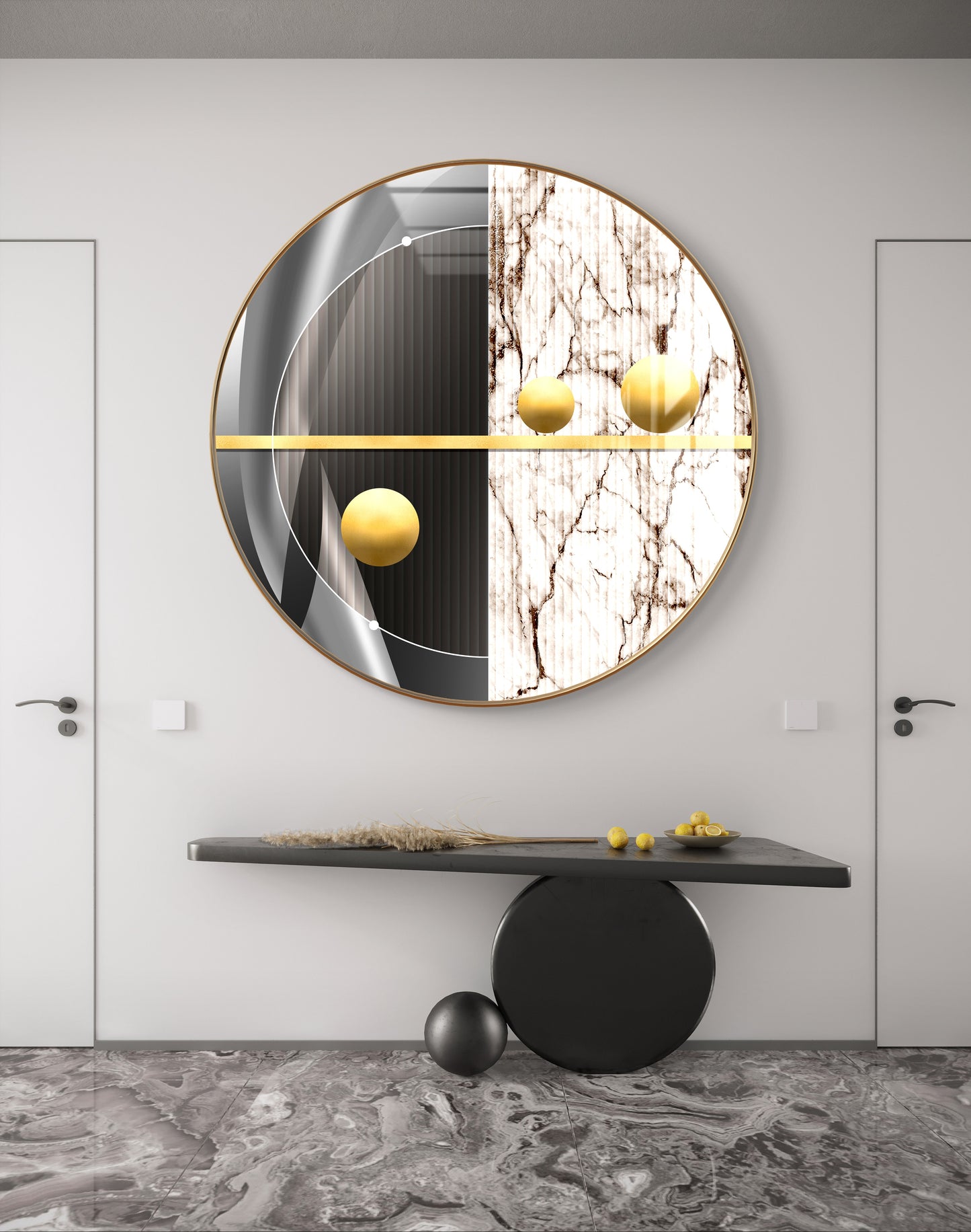 Round golden balls in black white background crystal resin