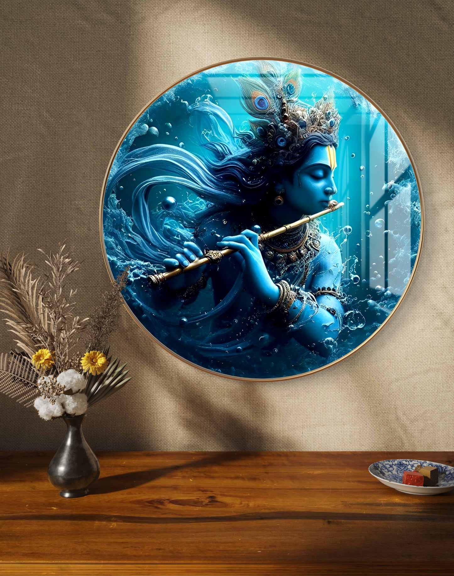 Round Krishna playing flute in ocean blue shades crystal resin