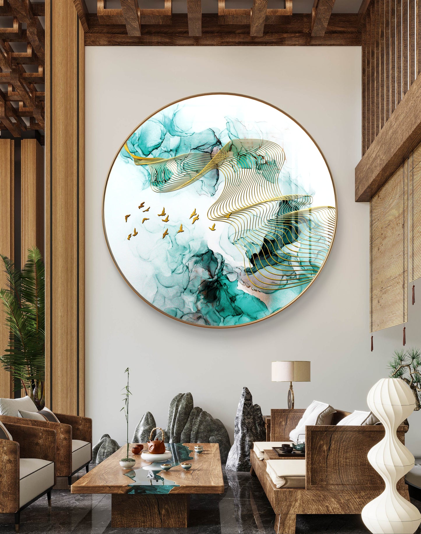 Round golden birds flying in green waves crystal resin