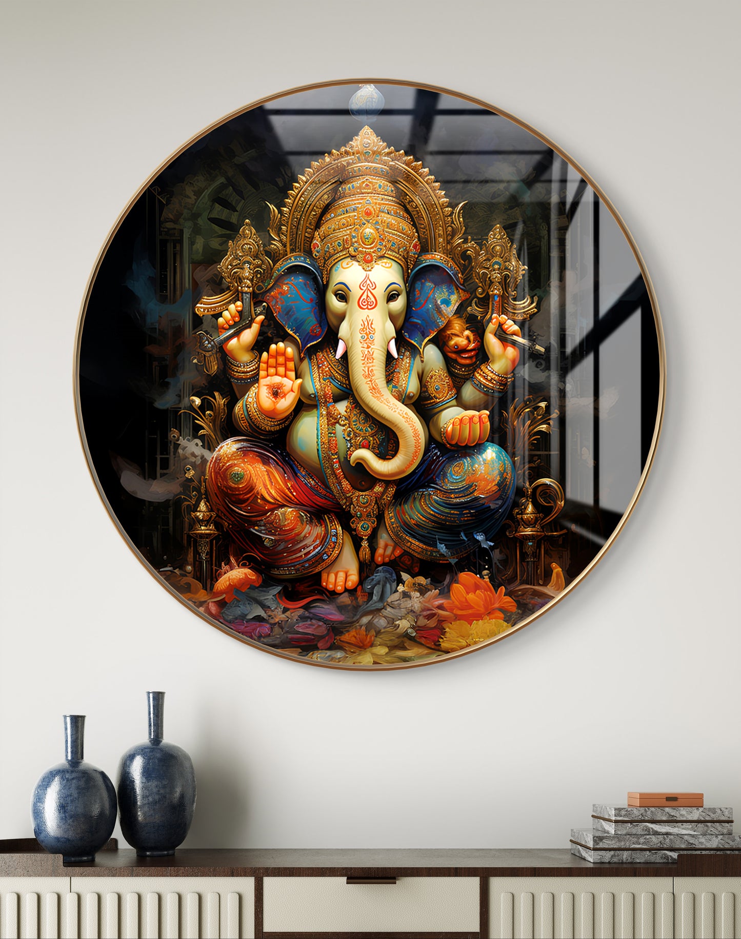 Round dark ganpati painting crystal resin