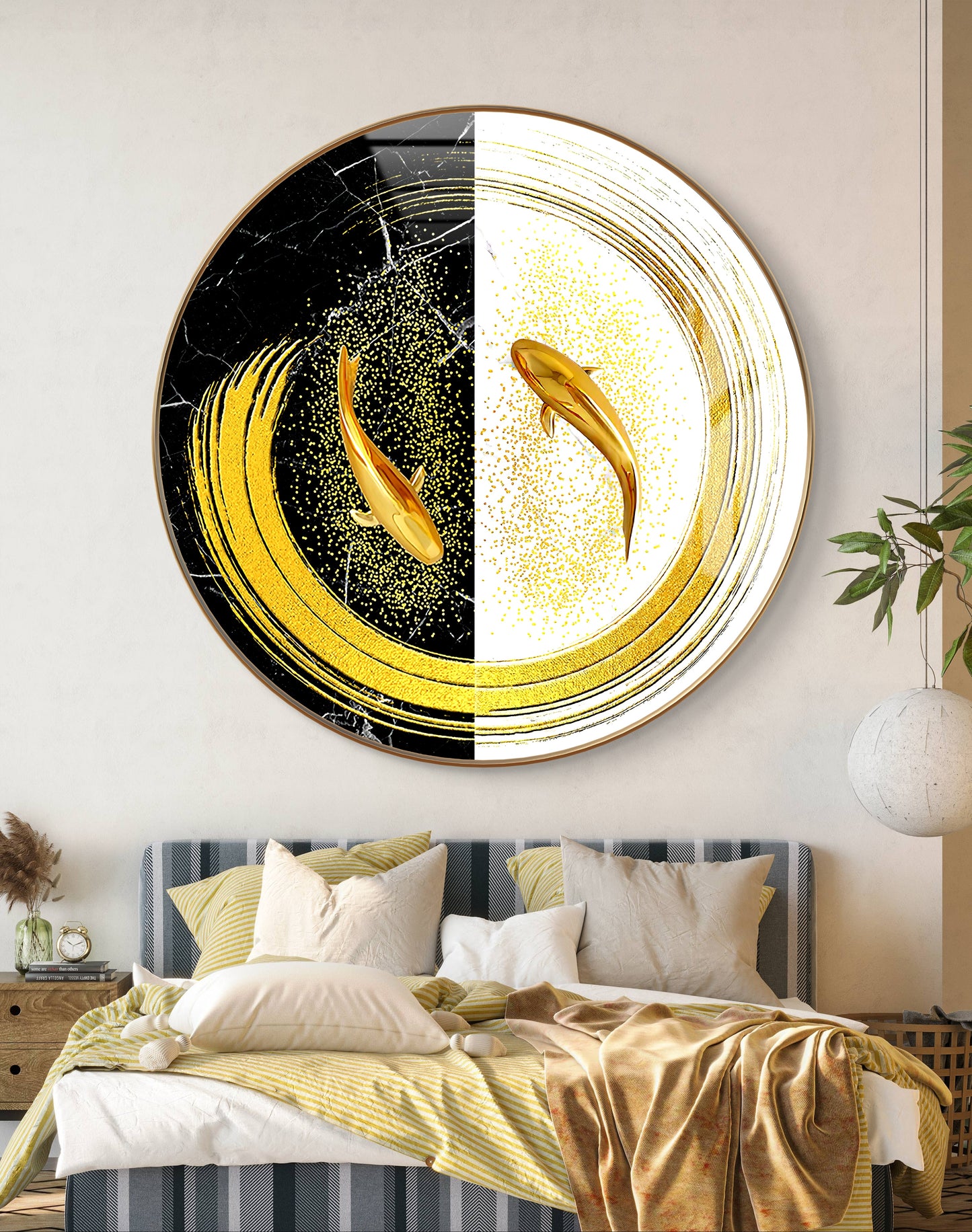 Round golden fish yin Yang abstract art crystal resin