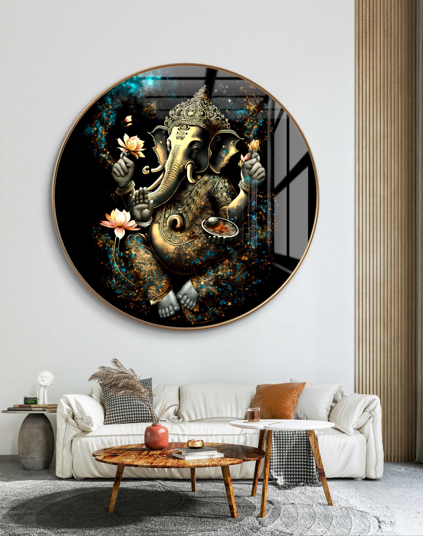 Round golden ganpati in black background crystal resin