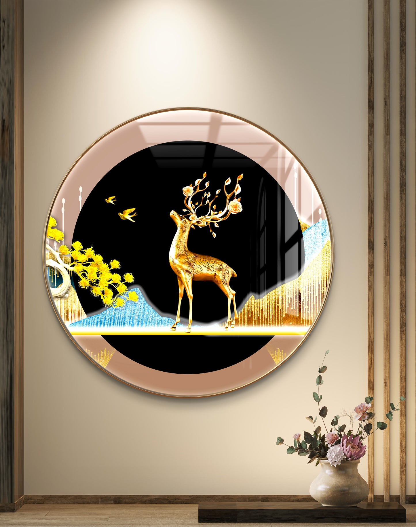 Round gold aesthetic deer with mountains crystal resin