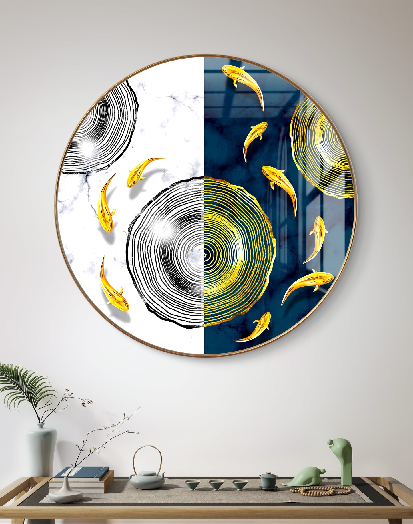 Round golden fish in blue & white background crystal resin
