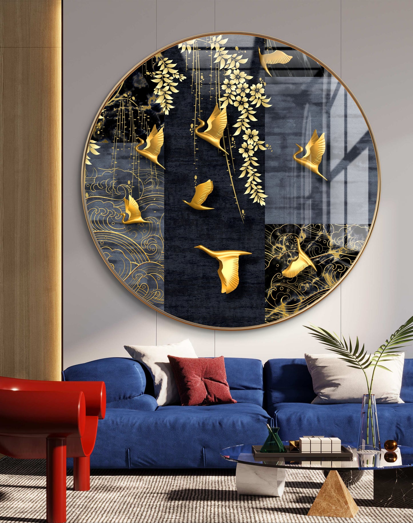 Round golden birds and leaves crystal resin