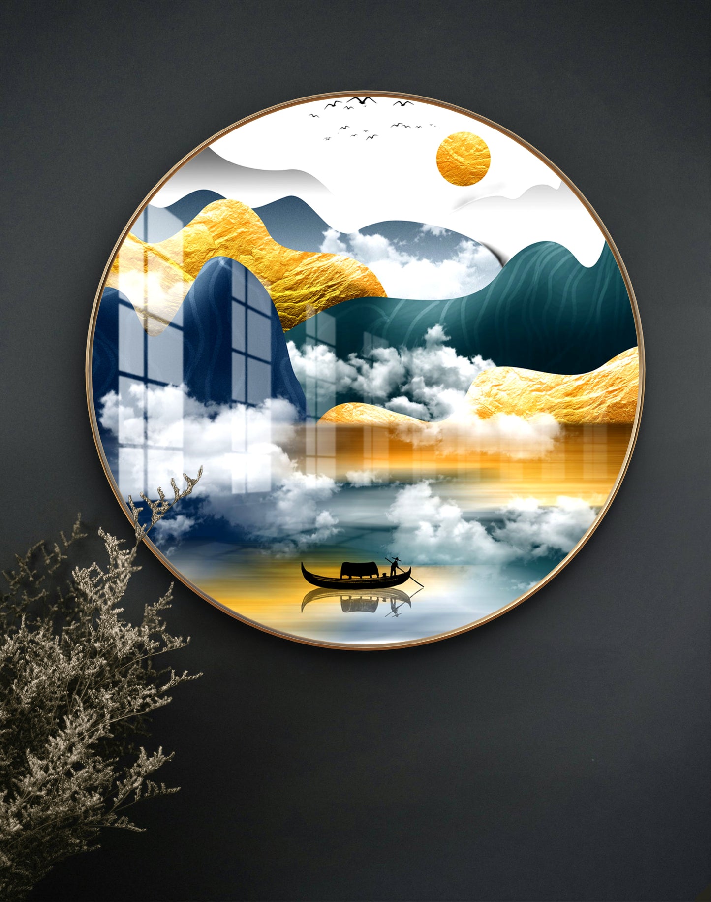 Round yellow & blue mountains landscape crystal resin