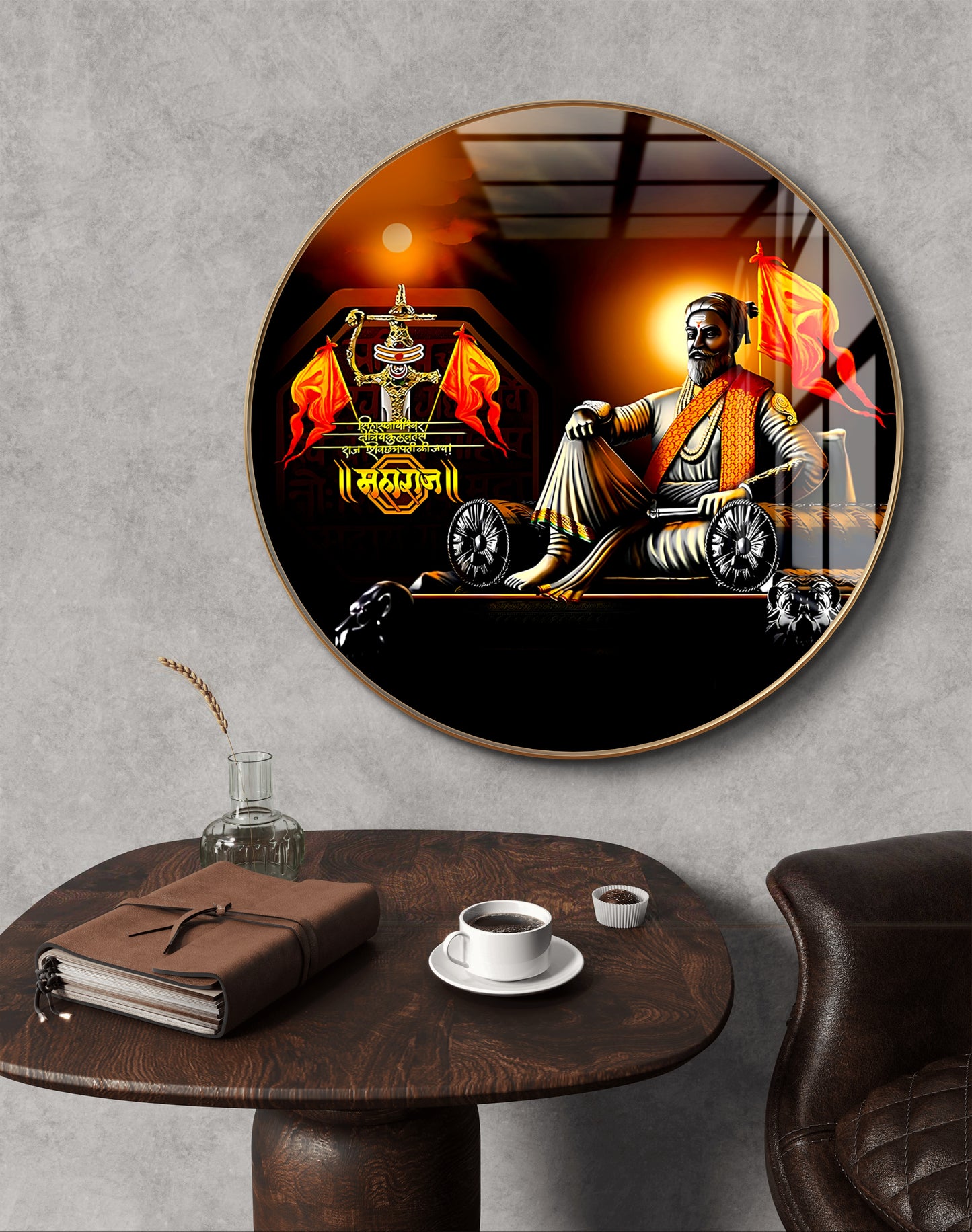Round 3D cooper Shivaji statue painting crystal resin