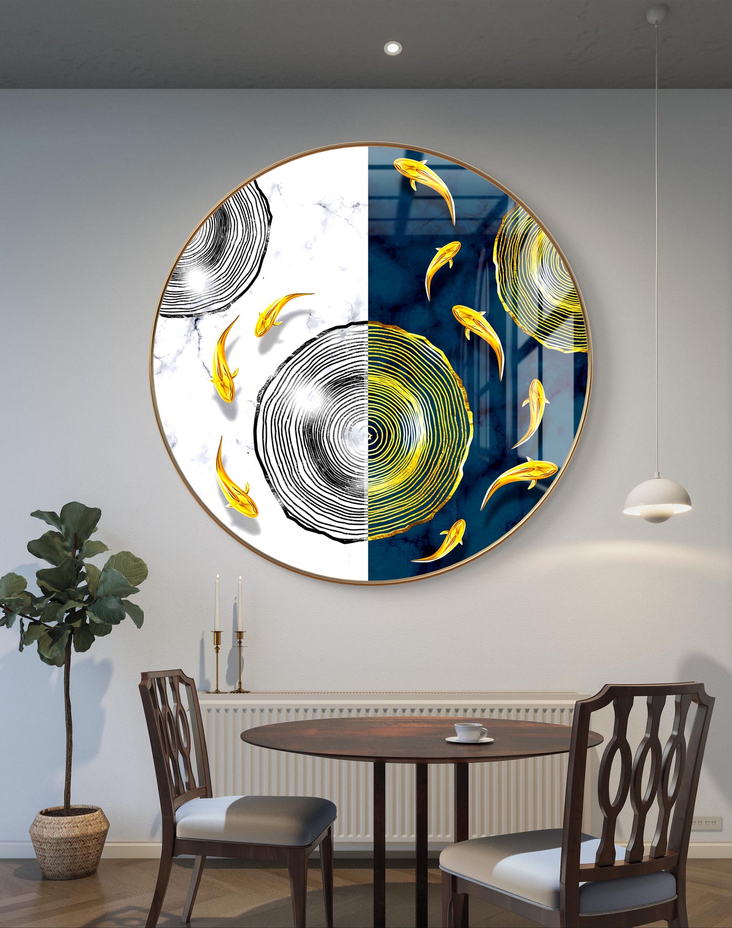 Round golden fish in blue & white background crystal resin
