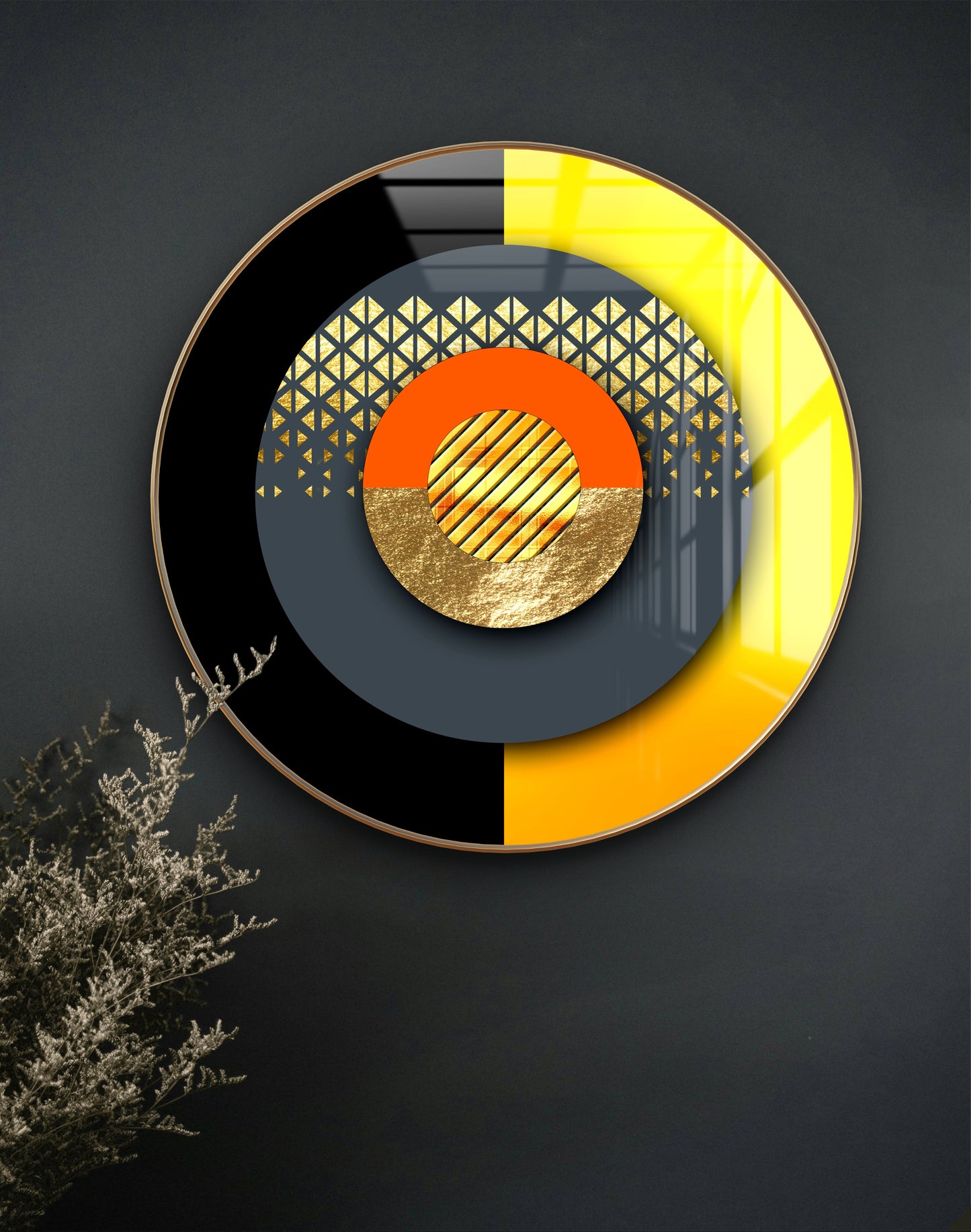 Round circle lines black & gold abstract crystal resin