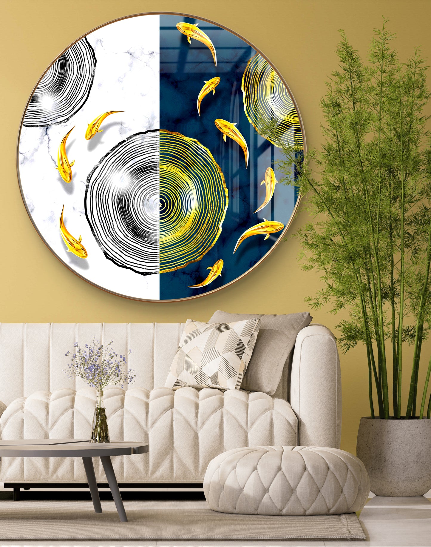 Round golden fish in blue & white background crystal resin