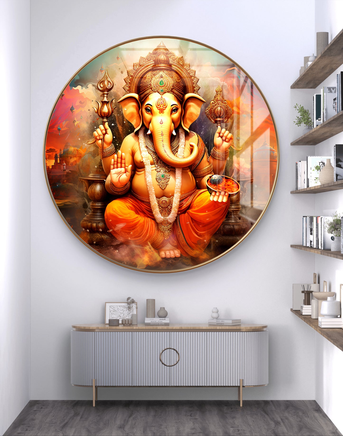Round orange ganpati painting crystal resin