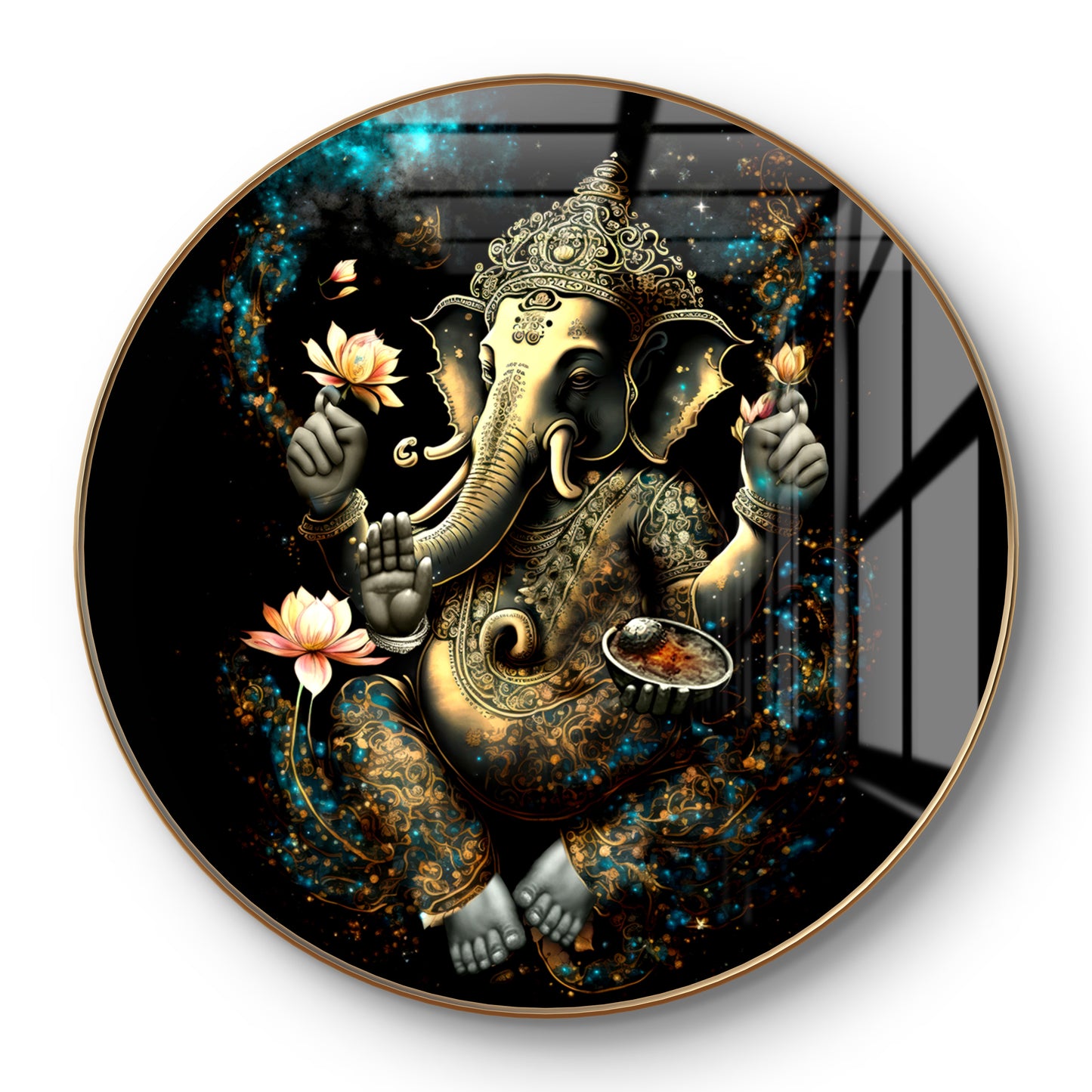 Round golden ganpati in black background crystal resin