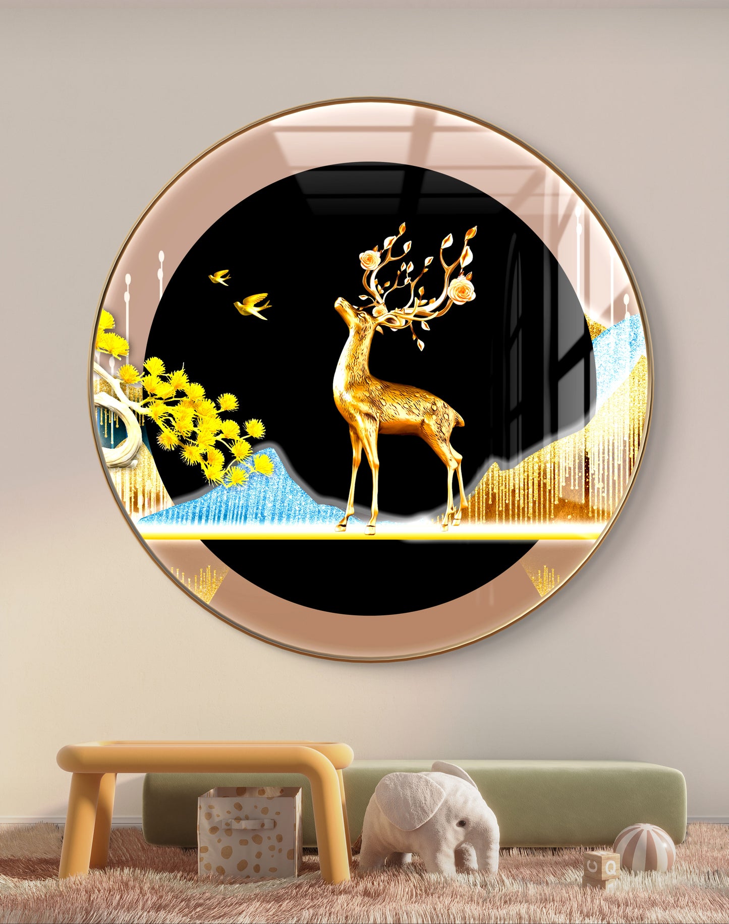Round gold aesthetic deer with mountains crystal resin