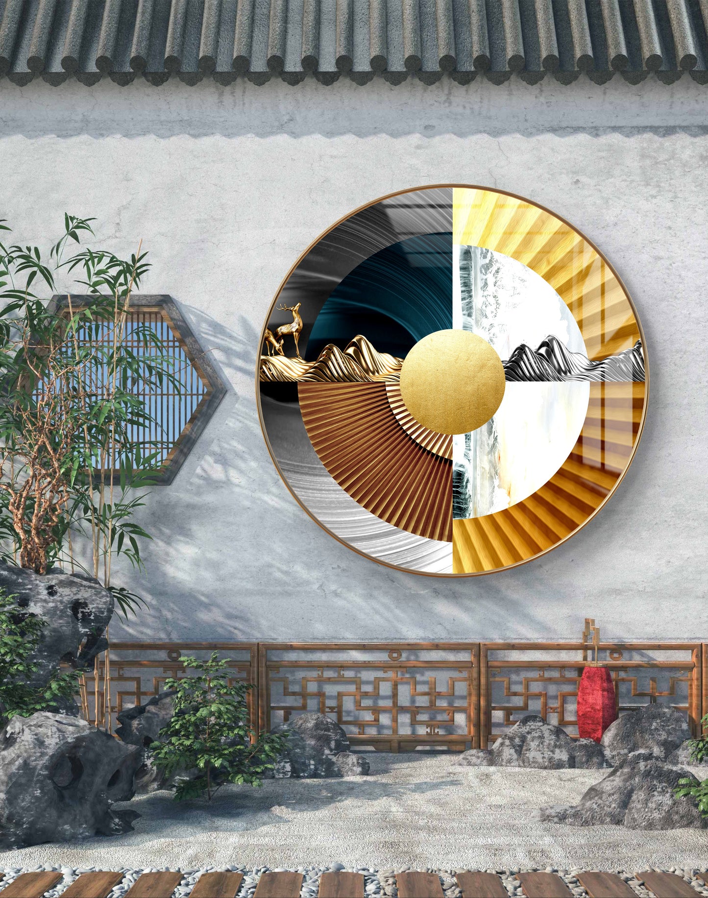 Round abstract spheres with golden deer crystal resin