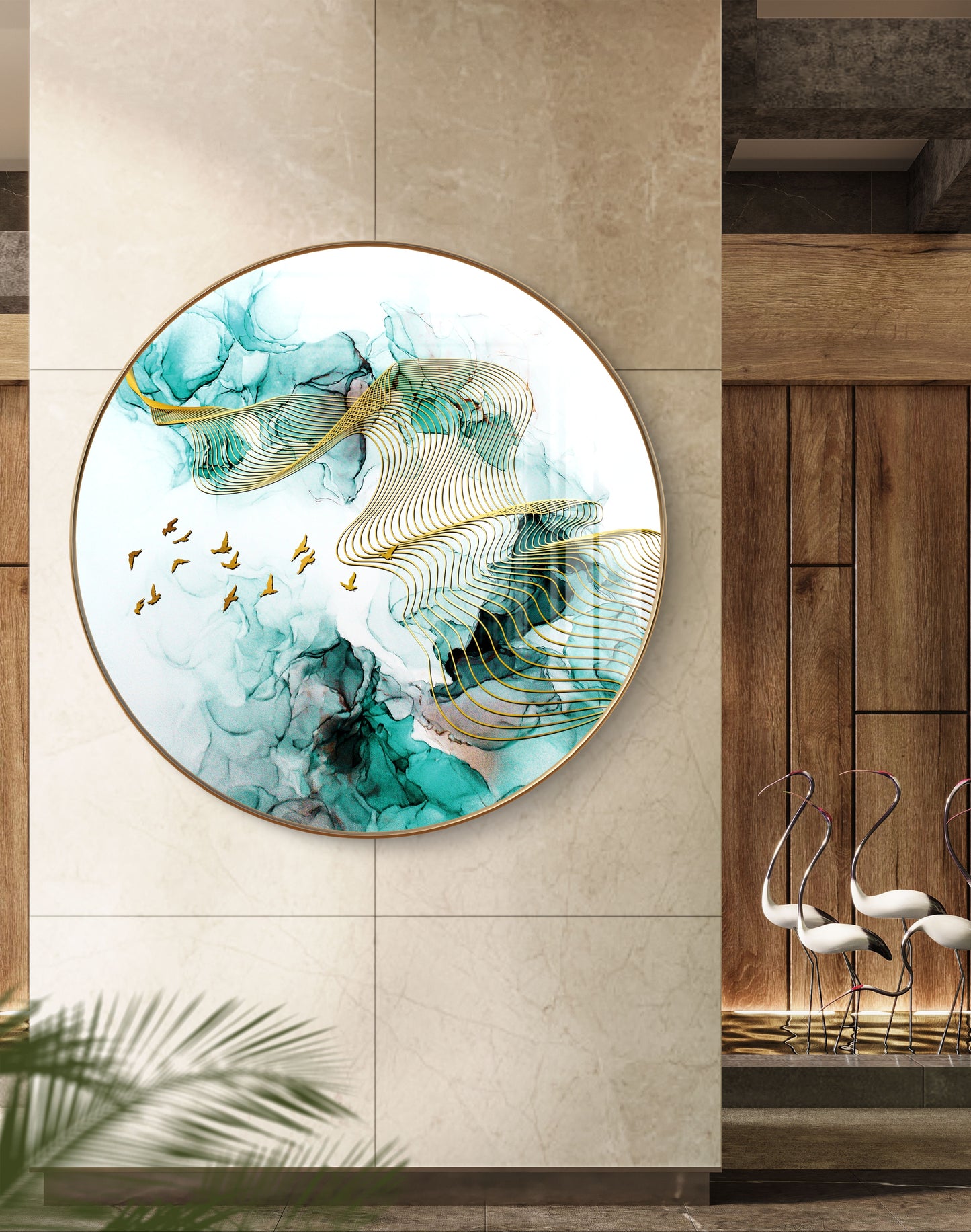 Round golden birds flying in green waves crystal resin