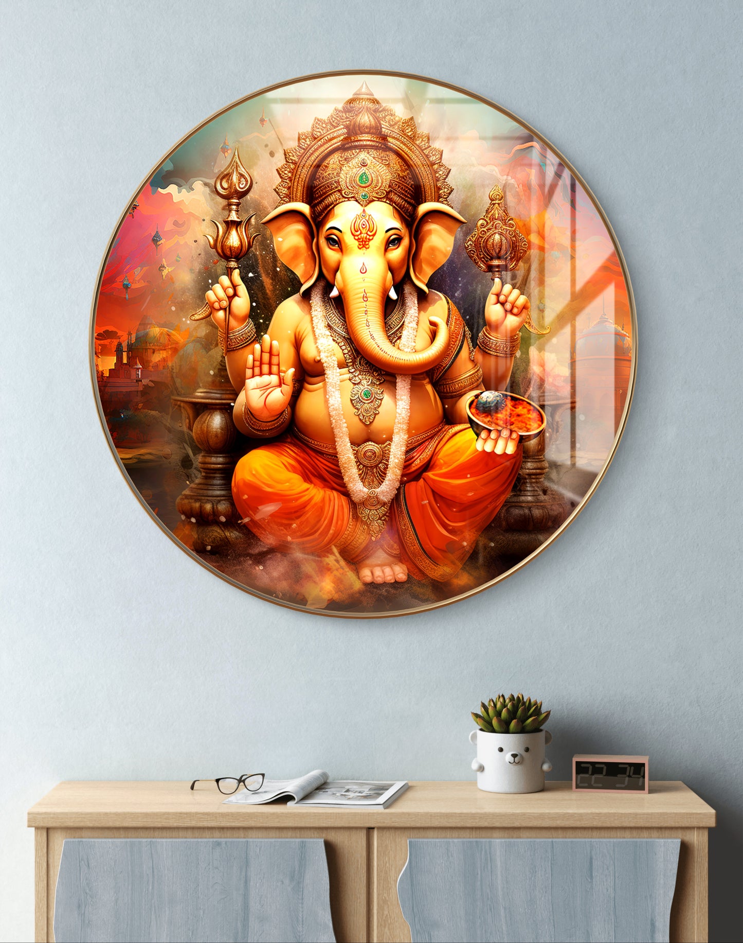 Round orange ganpati painting crystal resin