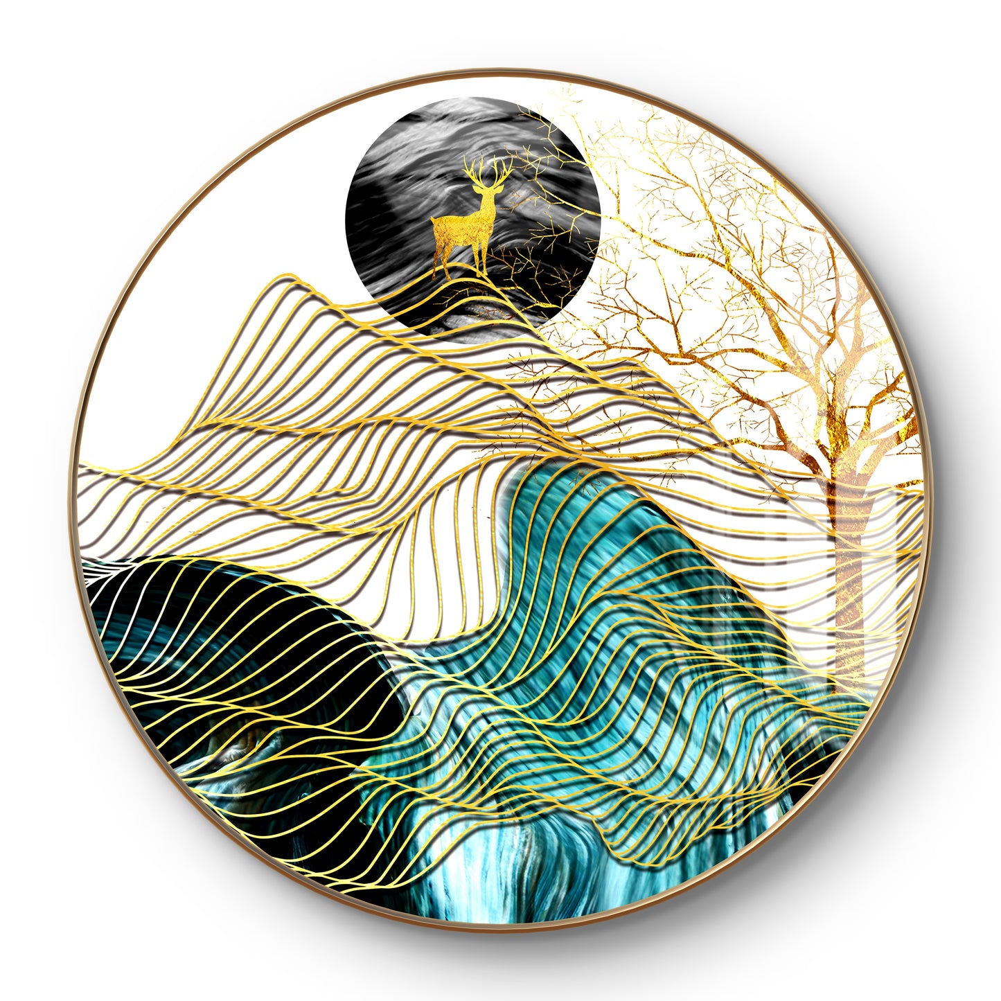Round golden waves & deer crystal resin