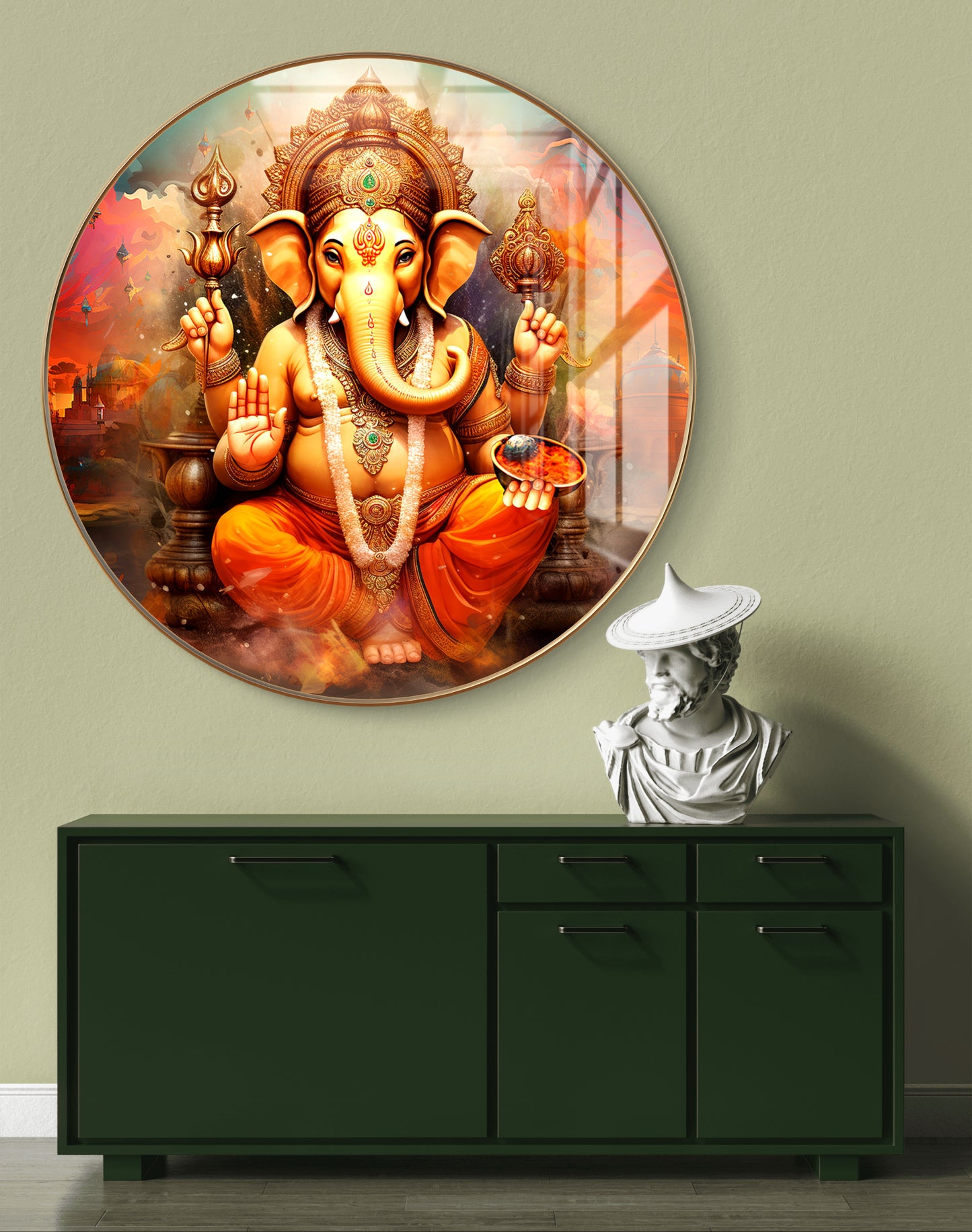 Round orange ganpati painting crystal resin