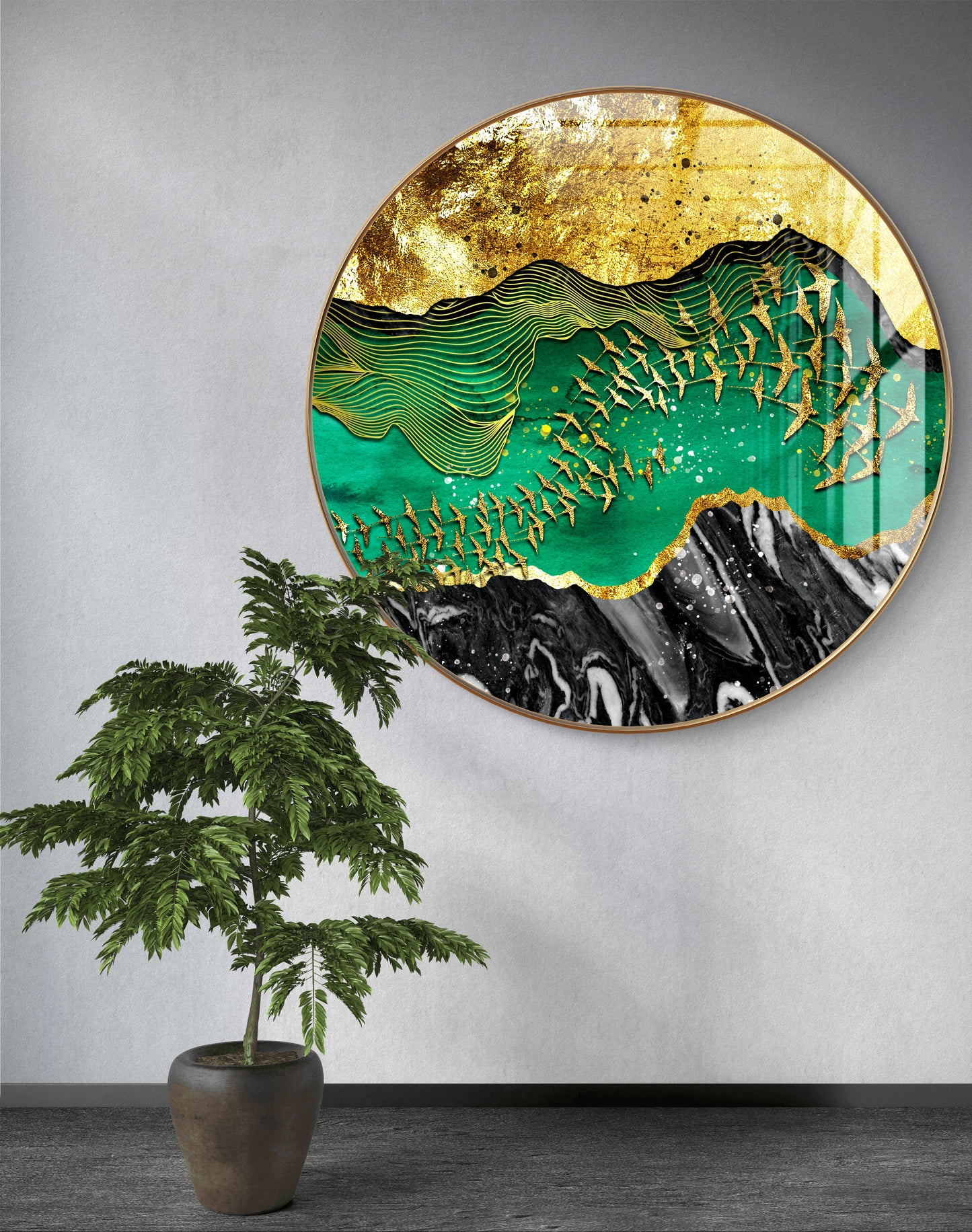Round golden birds in three layered textured background
