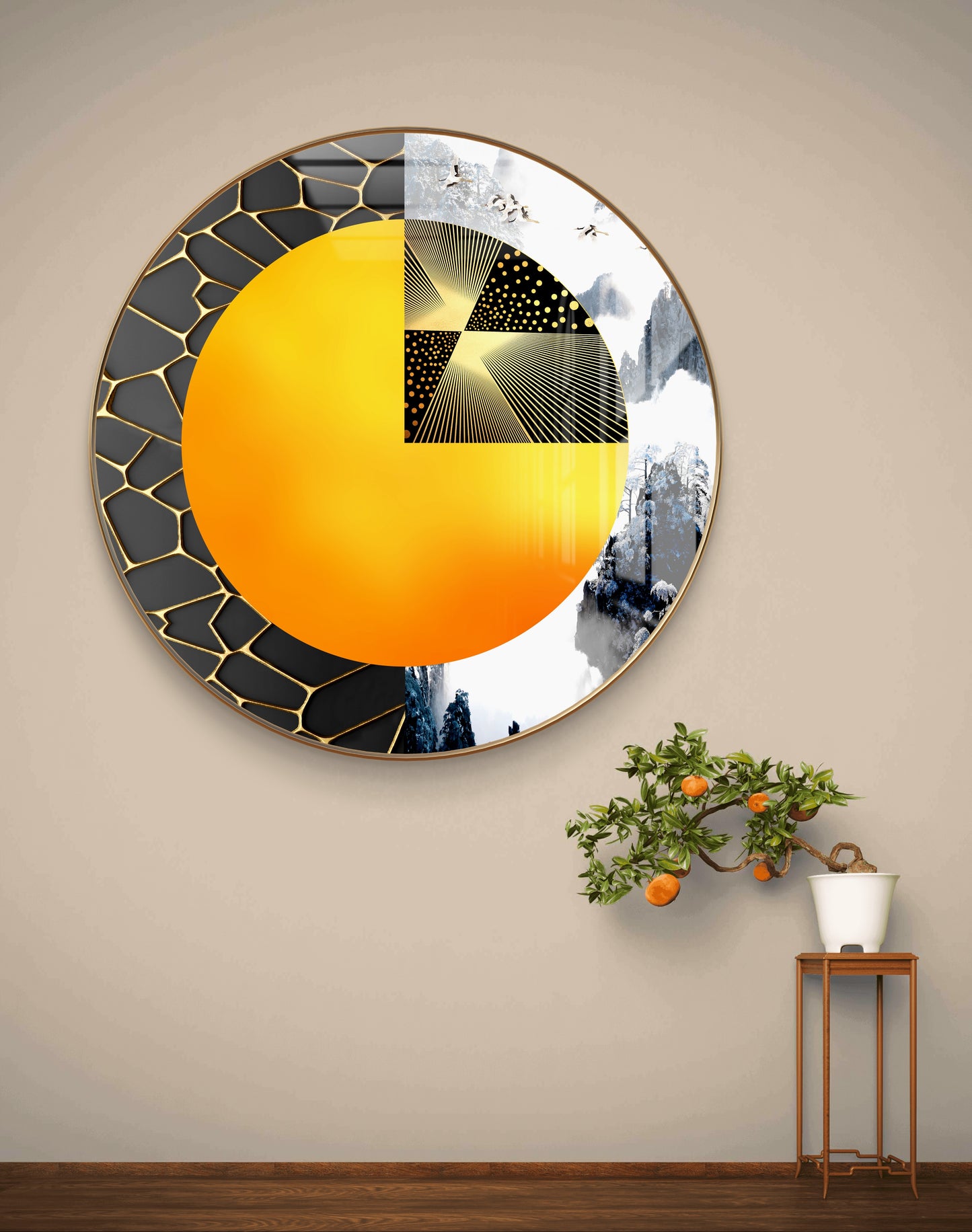 Round orange black and gold abstract art crystal resin