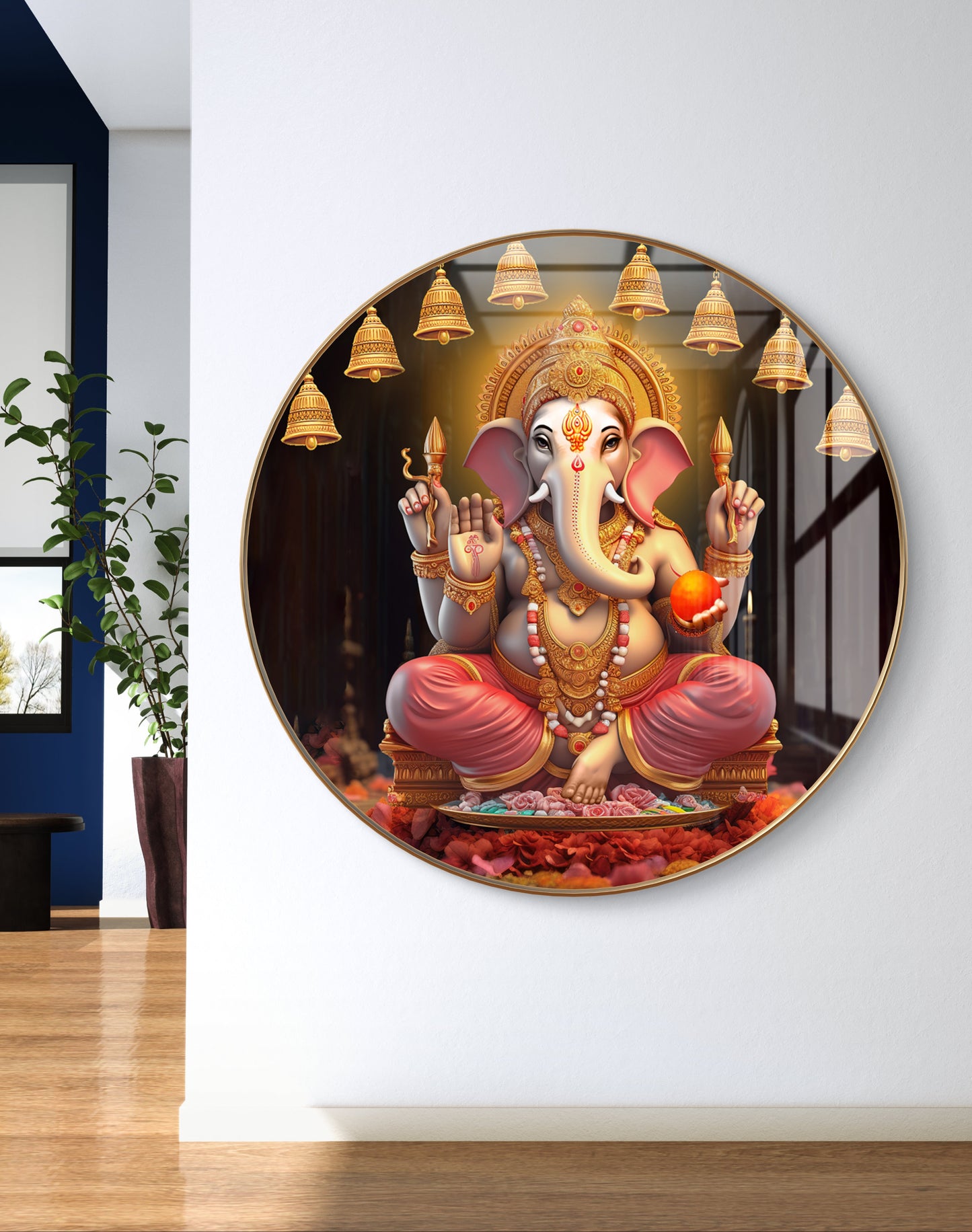 Round 3D ganpati statue with bells crystal resin