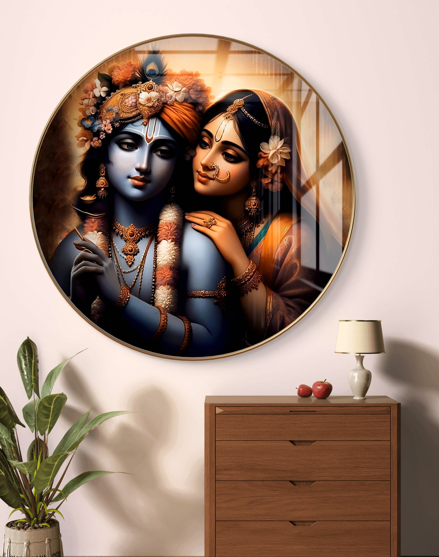 Round Radha Krishna painting crystal resin