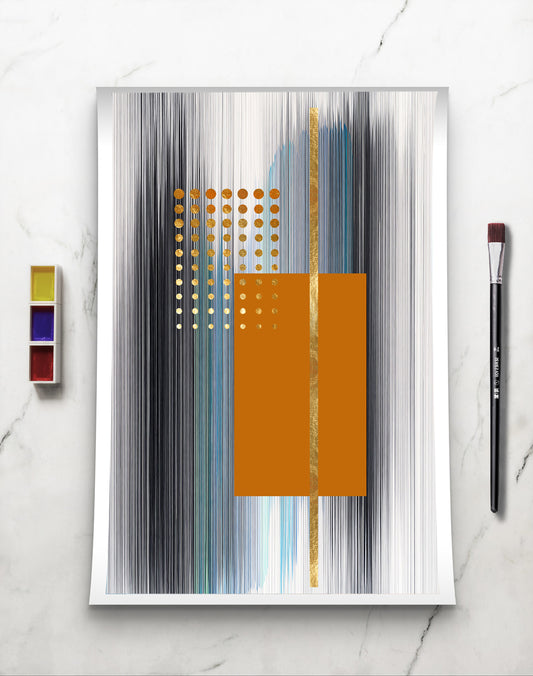 BUY CANVAS PAINTING ORANGE  DOTS AND GOLDEN STRIPES  ABSTRACT ART
