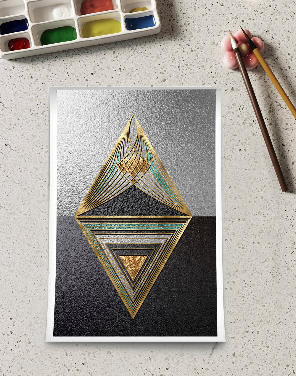 CANVAS GOLDEN PYRAMID ABSTRACT IN GREY TEXTURED BACKGROUND CANVAS PRINTS