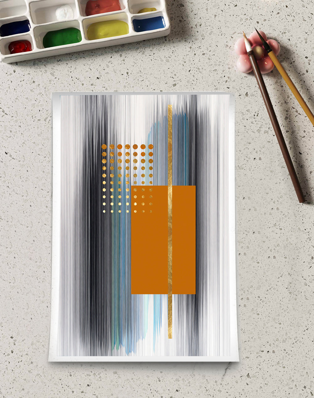 BUY CANVAS PAINTING ORANGE  DOTS AND GOLDEN STRIPES  ABSTRACT ART