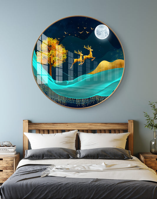 Round moon & golden deer, tree with amazing blue background crystal resin art work