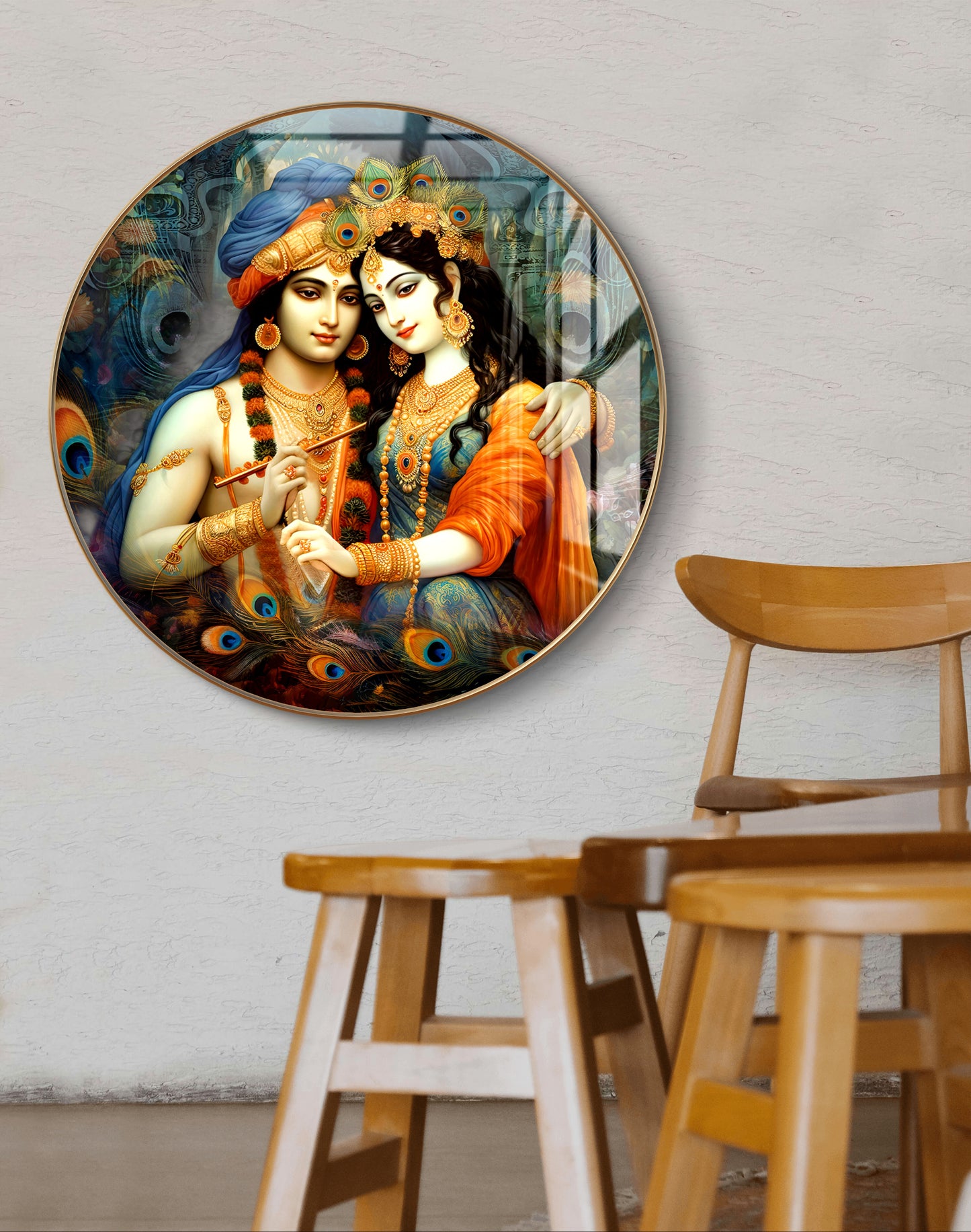 Round radha krishna with peacock feathers crystal resin art work