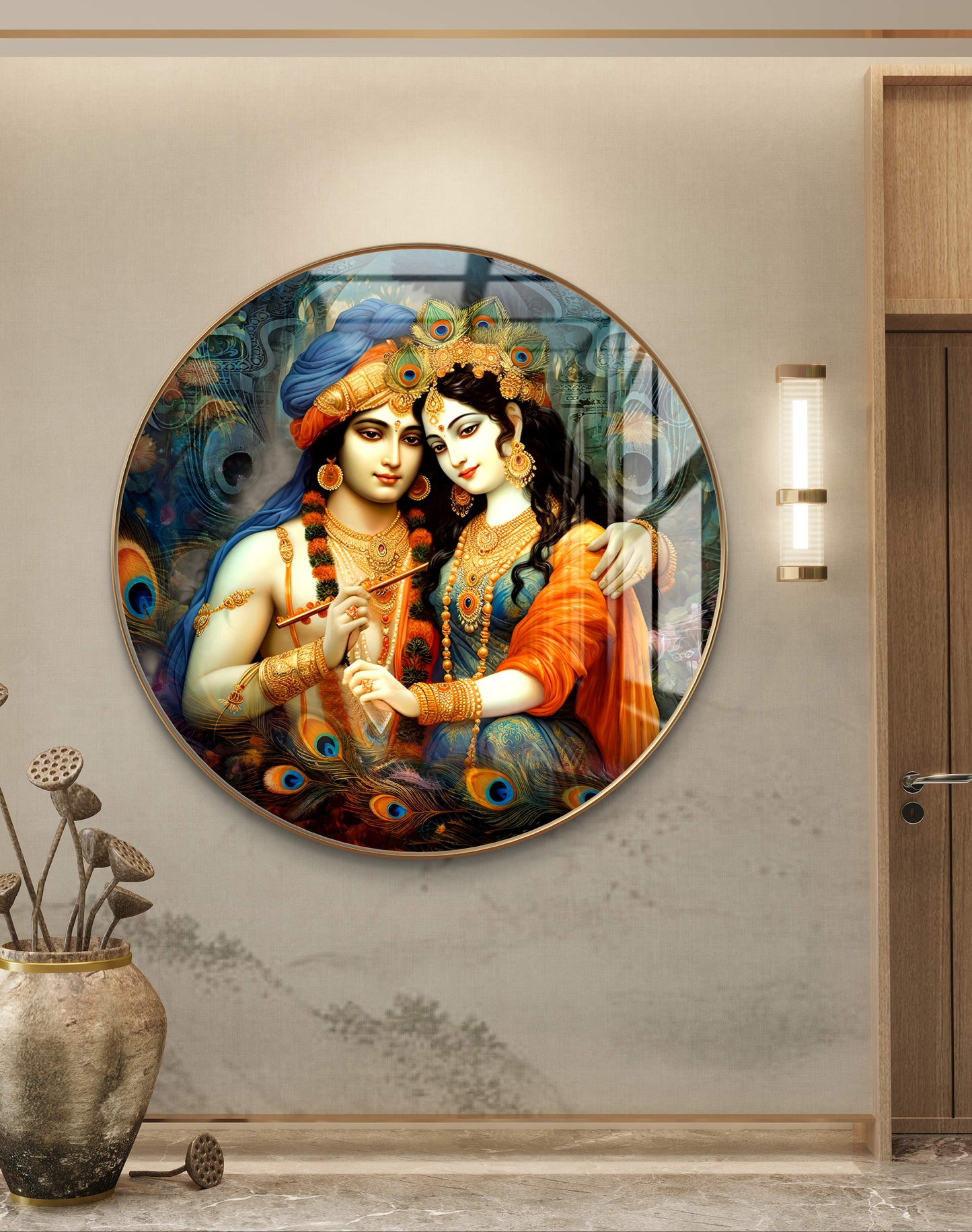 Round radha krishna with peacock feathers crystal resin art work
