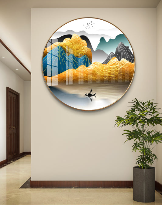 Round golden mountains natural landscape crystal resin art work