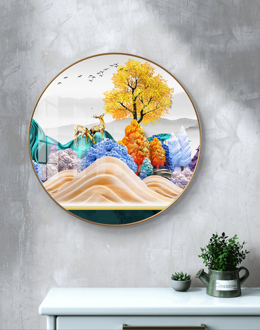 Round golden deer with colourfull trees crystal resin art work