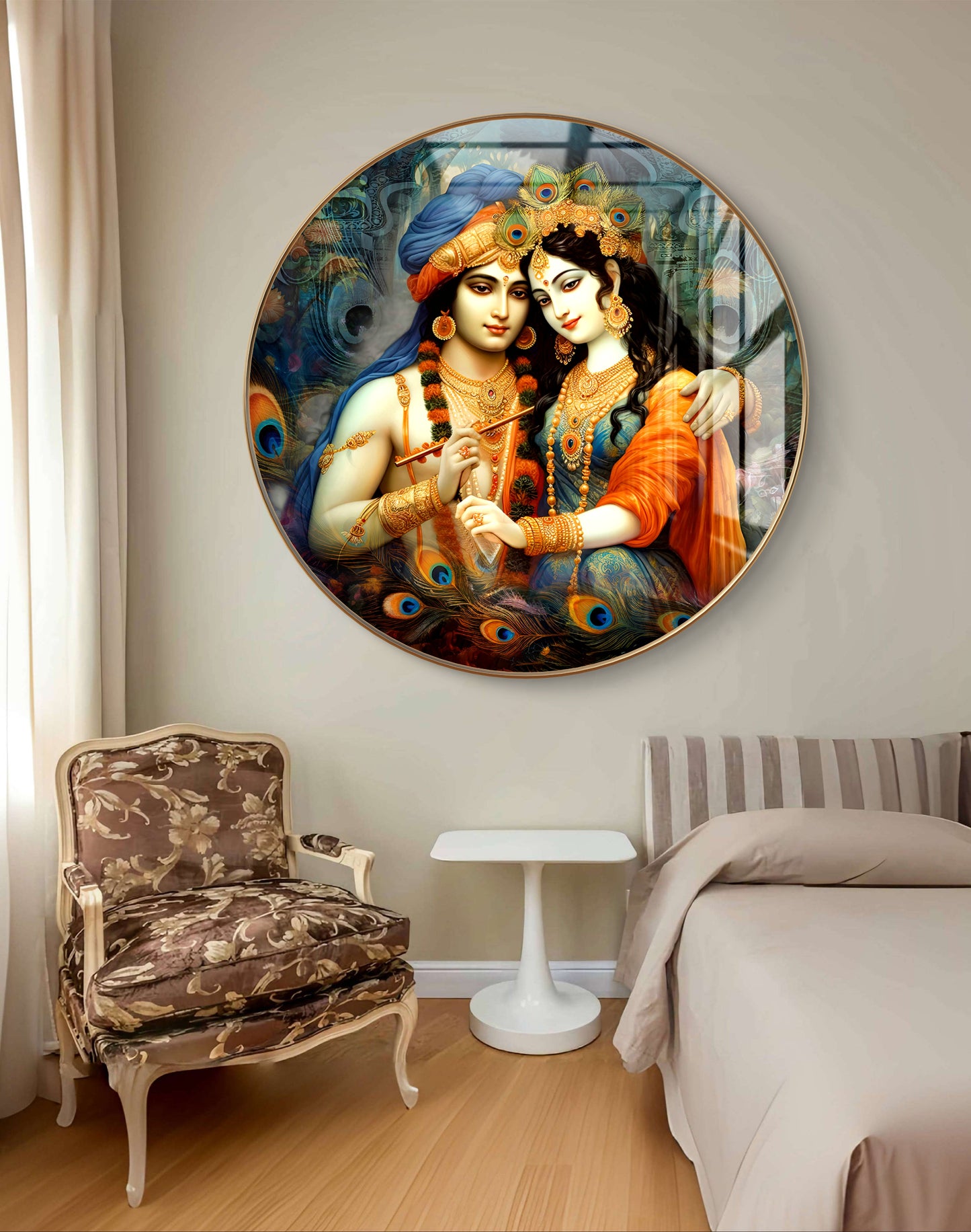 Round radha krishna with peacock feathers crystal resin art work
