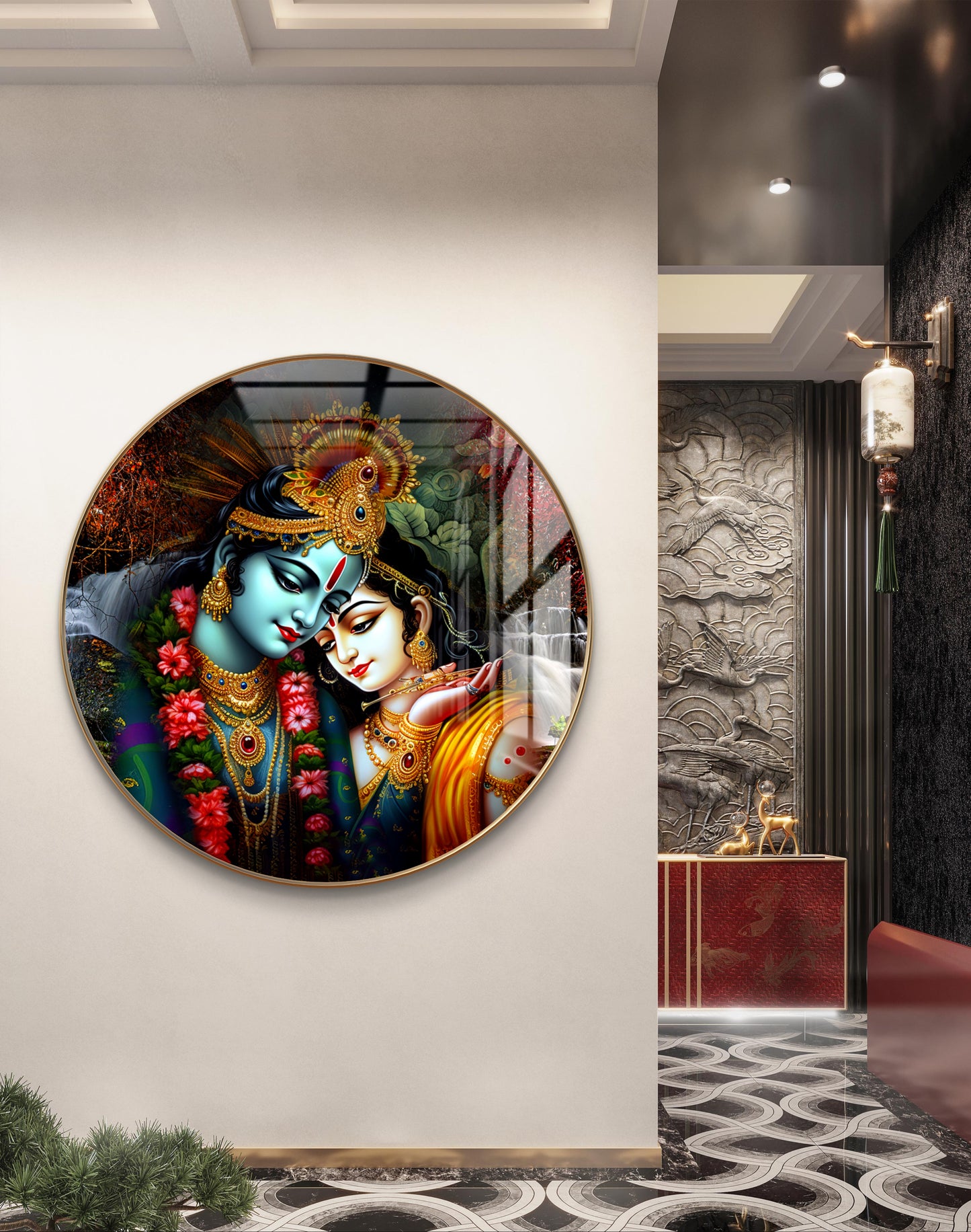 Round radha krishna with stream background crystal resin art work