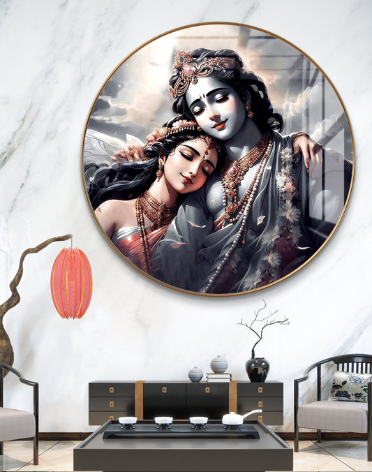 Round black & white radha krishna crystal resin art work