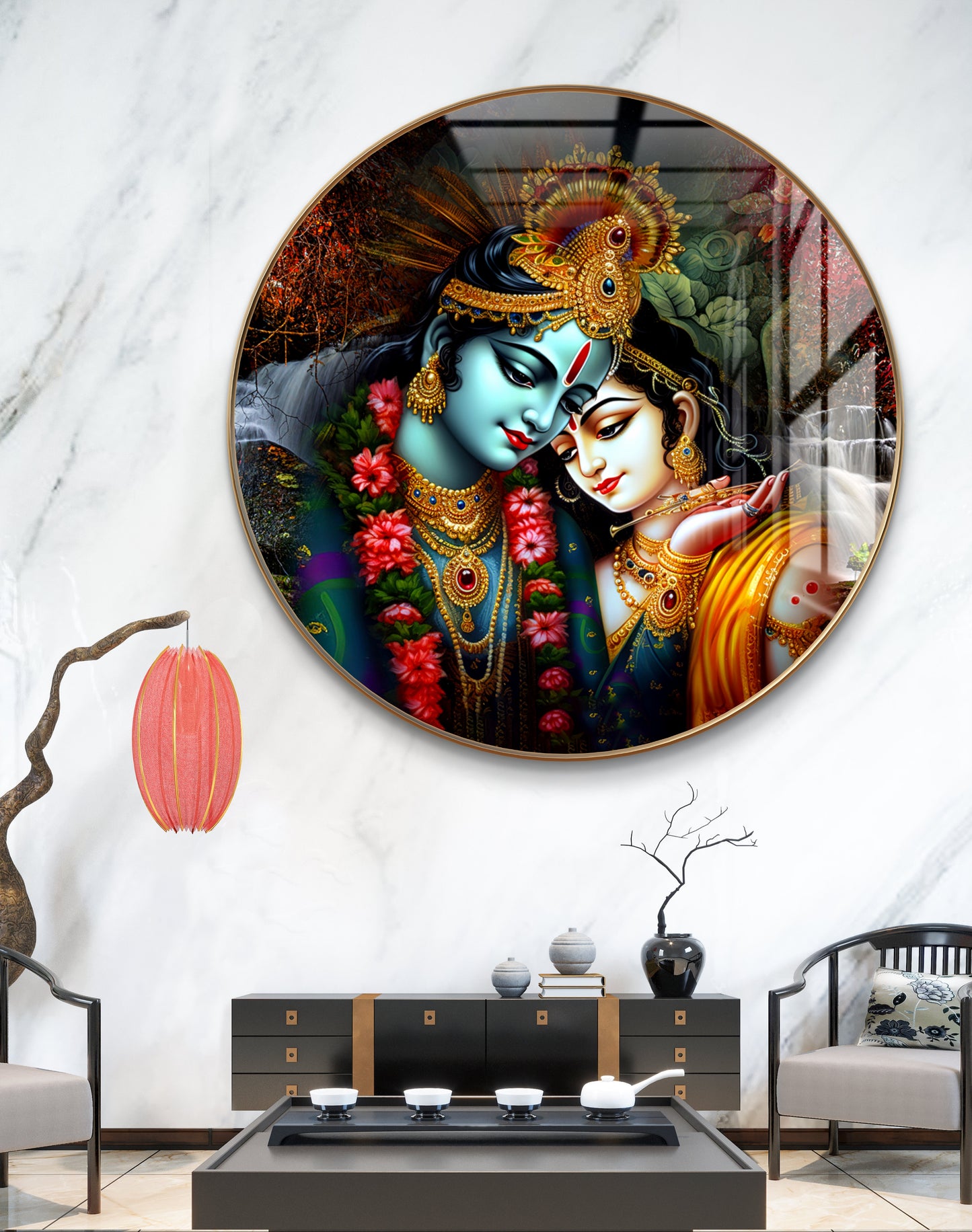 Round radha krishna with stream background crystal resin art work