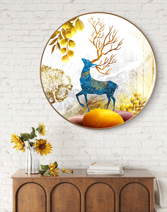 Round blue deer with golden leaves crystal resin art work